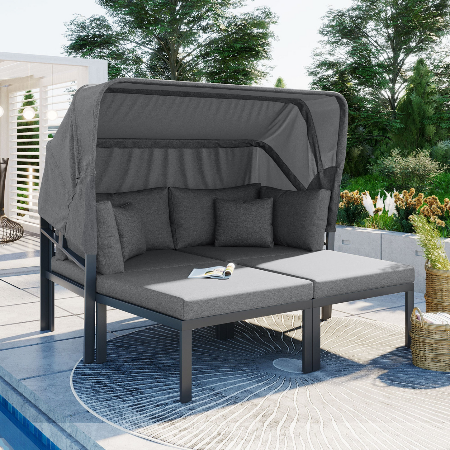 Patio Furntiure Sets | 3-Piece Patio Daybed with Retractable Canopy Outdoor Metal Sectional Sofa Set Sun Lounger with Cushions, Grey | casafoyer.myshopify.com