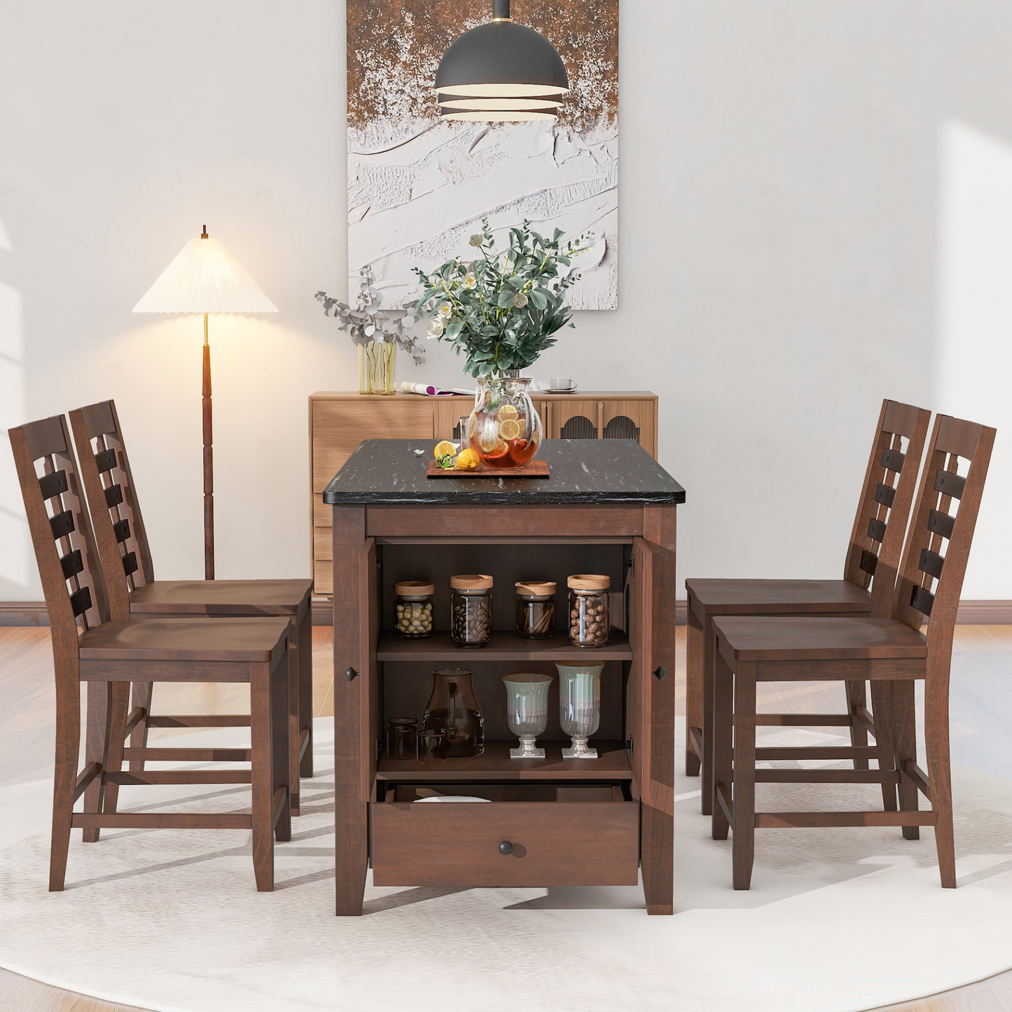 Dining Table | Counter Height 5-piece Dining Table Set with Faux Marble Tabletop, Solid Wood Table Set with Storage Cabinet and Drawer, Dark walnut | casafoyer.myshopify.com