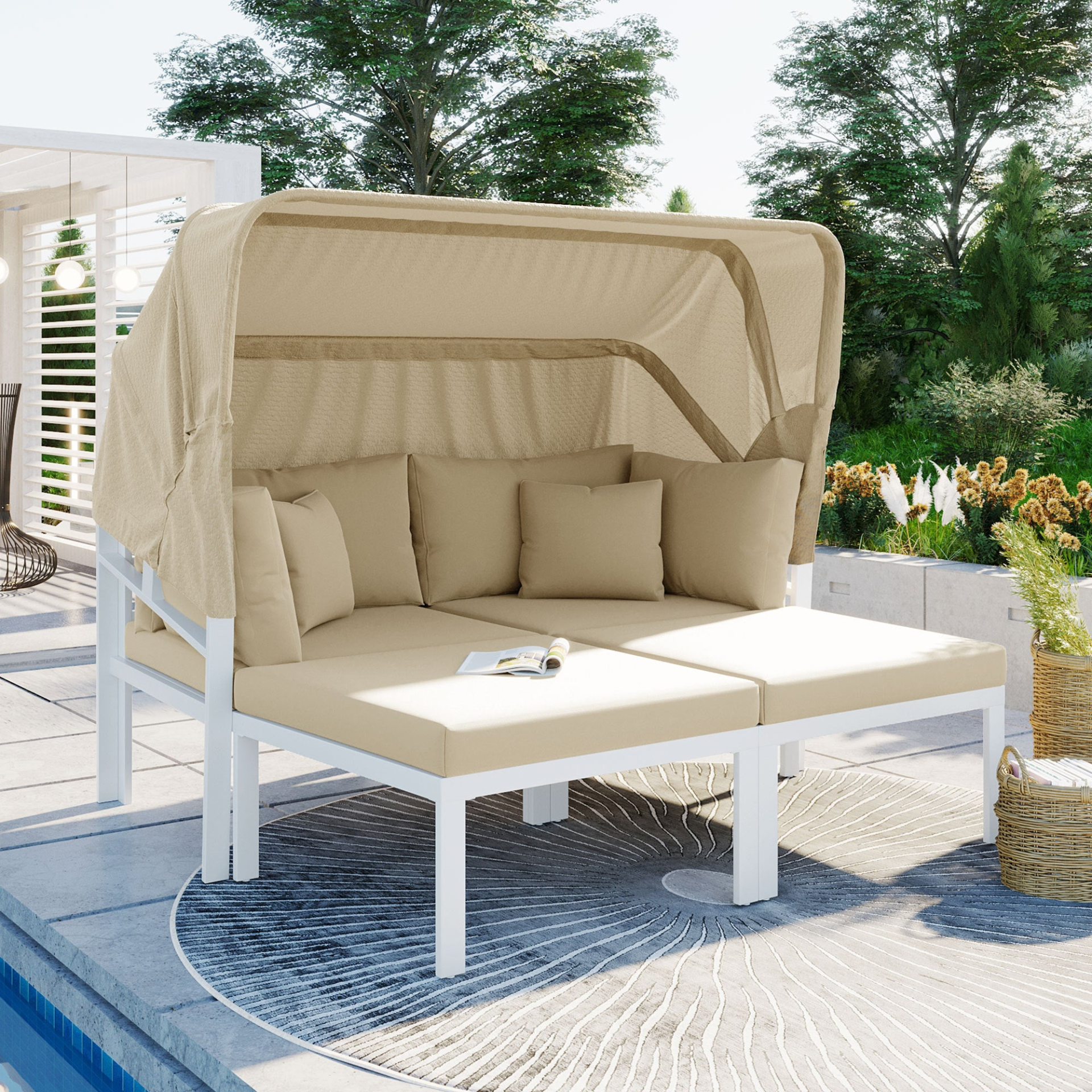 Patio Furntiure Sets | 3-Piece Patio Daybed with Retractable Canopy Outdoor Metal Sectional Sofa Set Sun Lounger with Cushions for Backyard, Porch, Poolside, Beige | casafoyer.myshopify.com