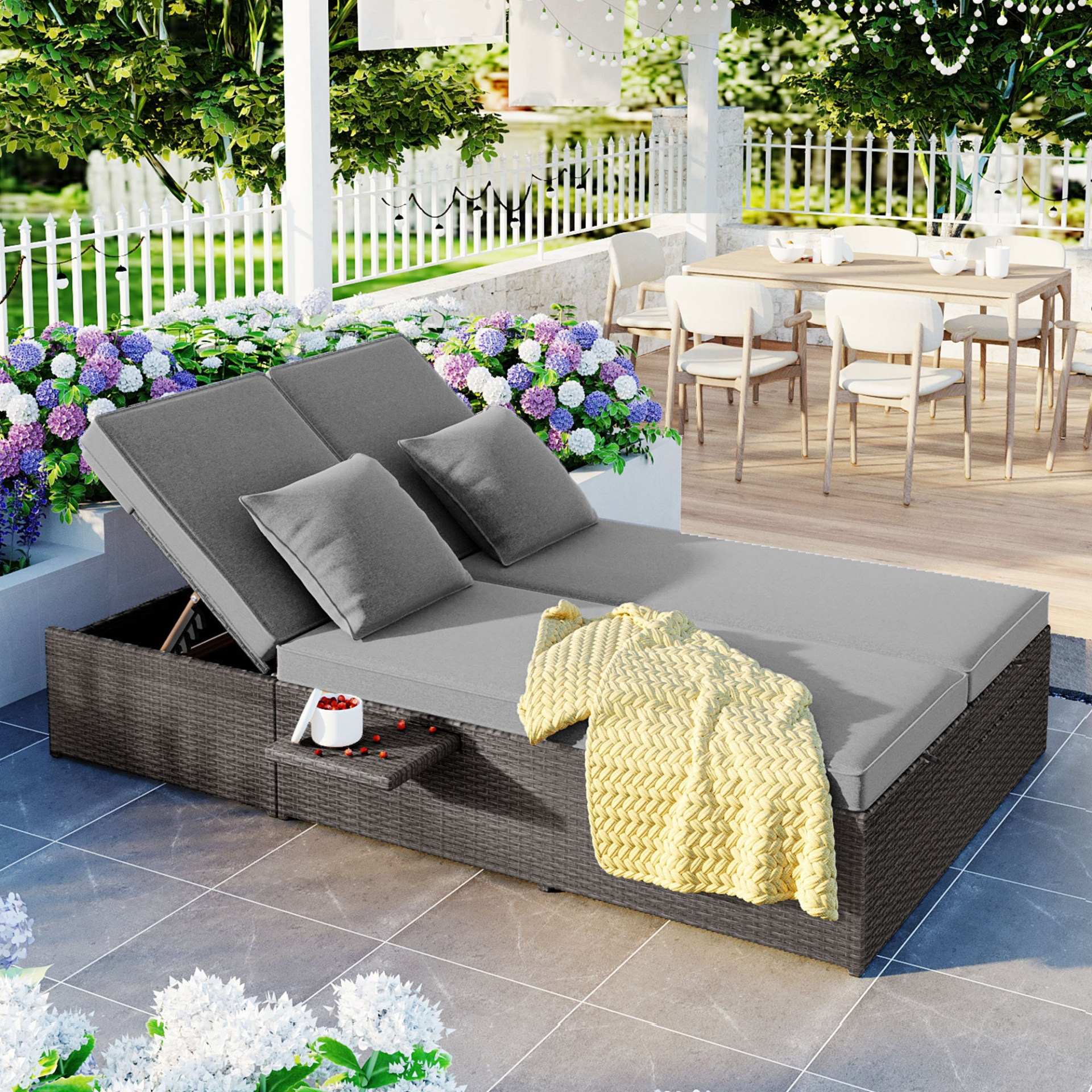 Patio Furntiure Sets | Outdoor Double Sunbed, Wicker Rattan Patio Reclining Chairs with Adjustable Backrest and Seat, Conversational Set for 2 Person, Gray | casafoyer.myshopify.com