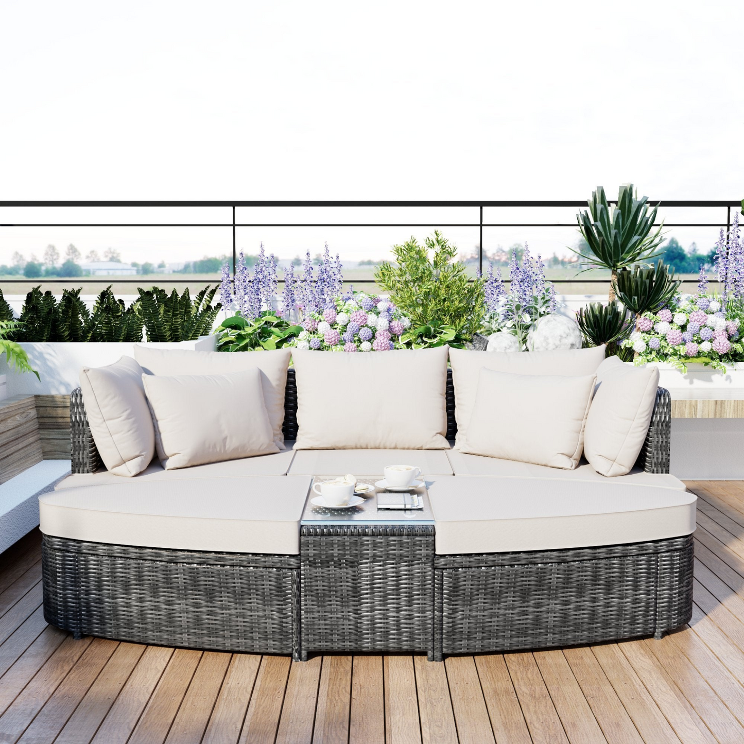 Patio Furntiure Sets | 6-Piece Patio Outdoor Conversation Round Sofa Set, PE Wicker Rattan Separate Seating Group with Coffee Table, Beige | casafoyer.myshopify.com