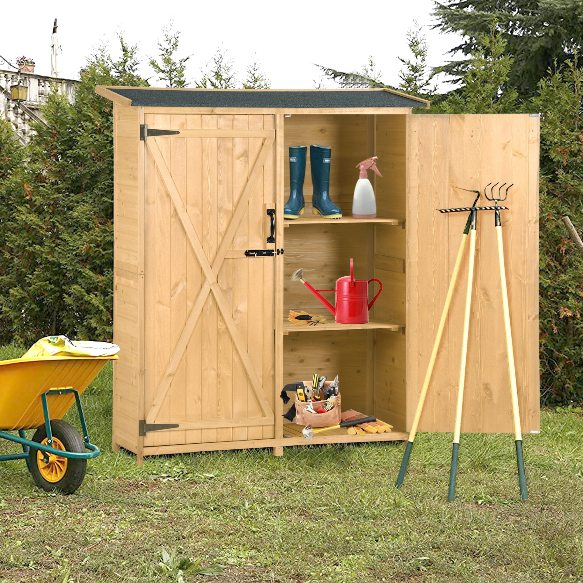 Sofa & Chair sets | Outdoor 5.3ft Hx4.6ft L Wood Storage Shed Tool Organizer,Garden Shed, Storage Cabinet with Waterproof Asphalt Roof, Double Lockable Doors, 3-tier Shelves for Backyard, Natural | casafoyer.myshopify.com