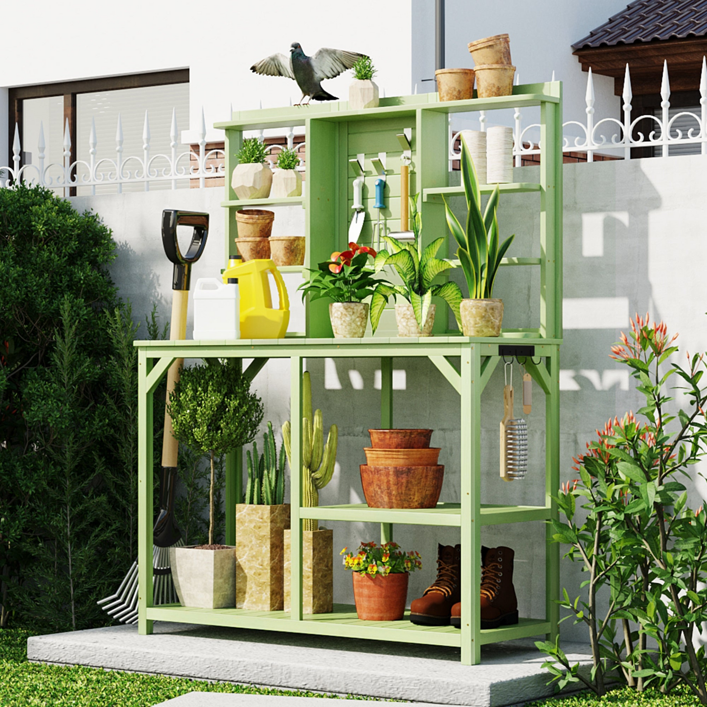 Table Decor | Large Outdoor Potting Bench, Garden Potting Table, Wood Workstation with 6-Tier Shelves, Large Tabletop and Side Hook for Mudroom, Backyard,Green | casafoyer.myshopify.com