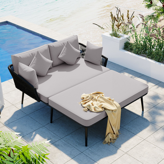 Patio Furntiure Sets | Outdoor Patio Daybed, Woven Nylon Rope Backrest with Washable Cushions for Balcony, Poolside, Set for 2 Person, Gray | casafoyer.myshopify.com