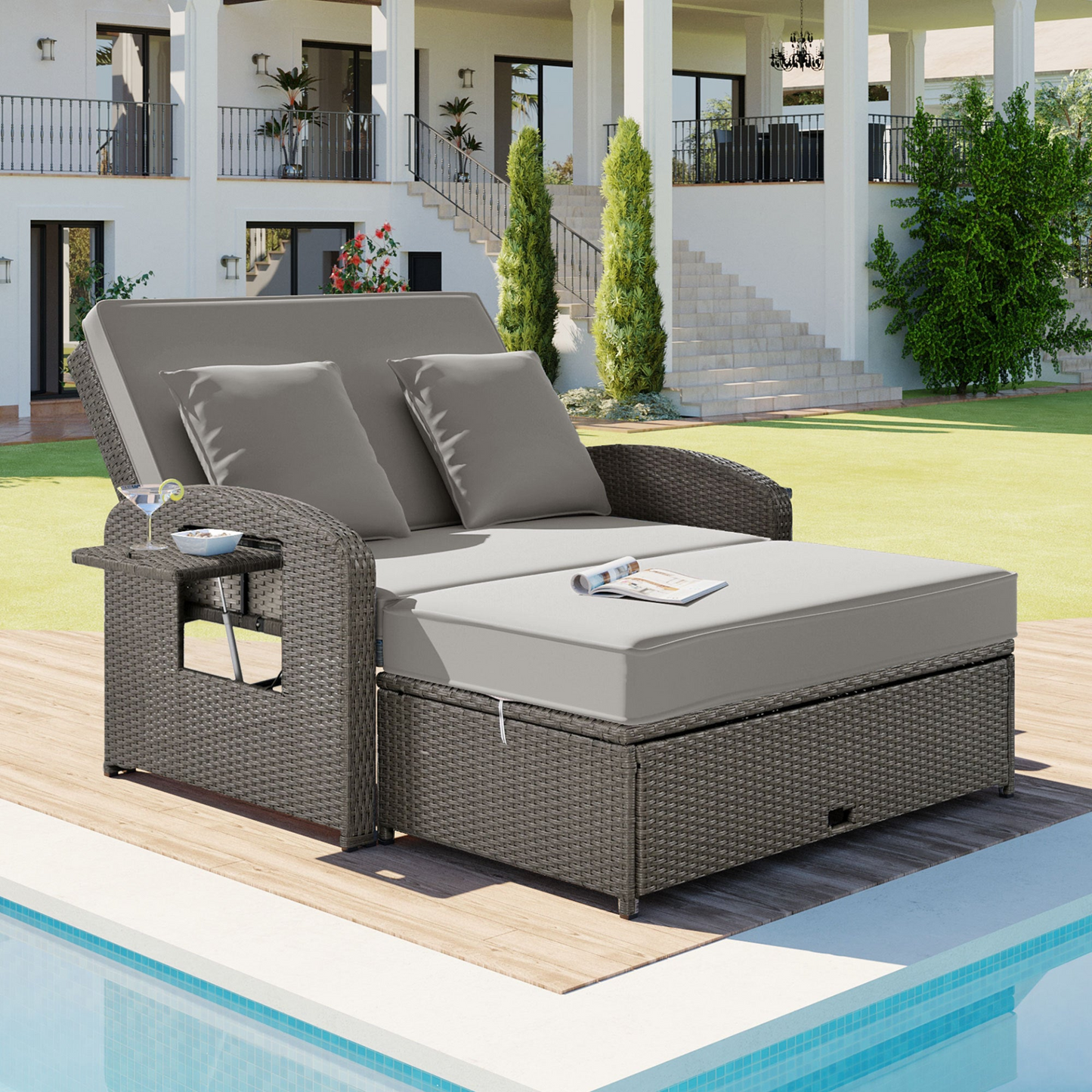 Patio Furntiure Sets | PE Wicker Rattan Double Chaise Lounge, 2-Person Reclining Daybed with Adjustable Back and Cushions, Free Furniture Protection Cover,Gray | casafoyer.myshopify.com