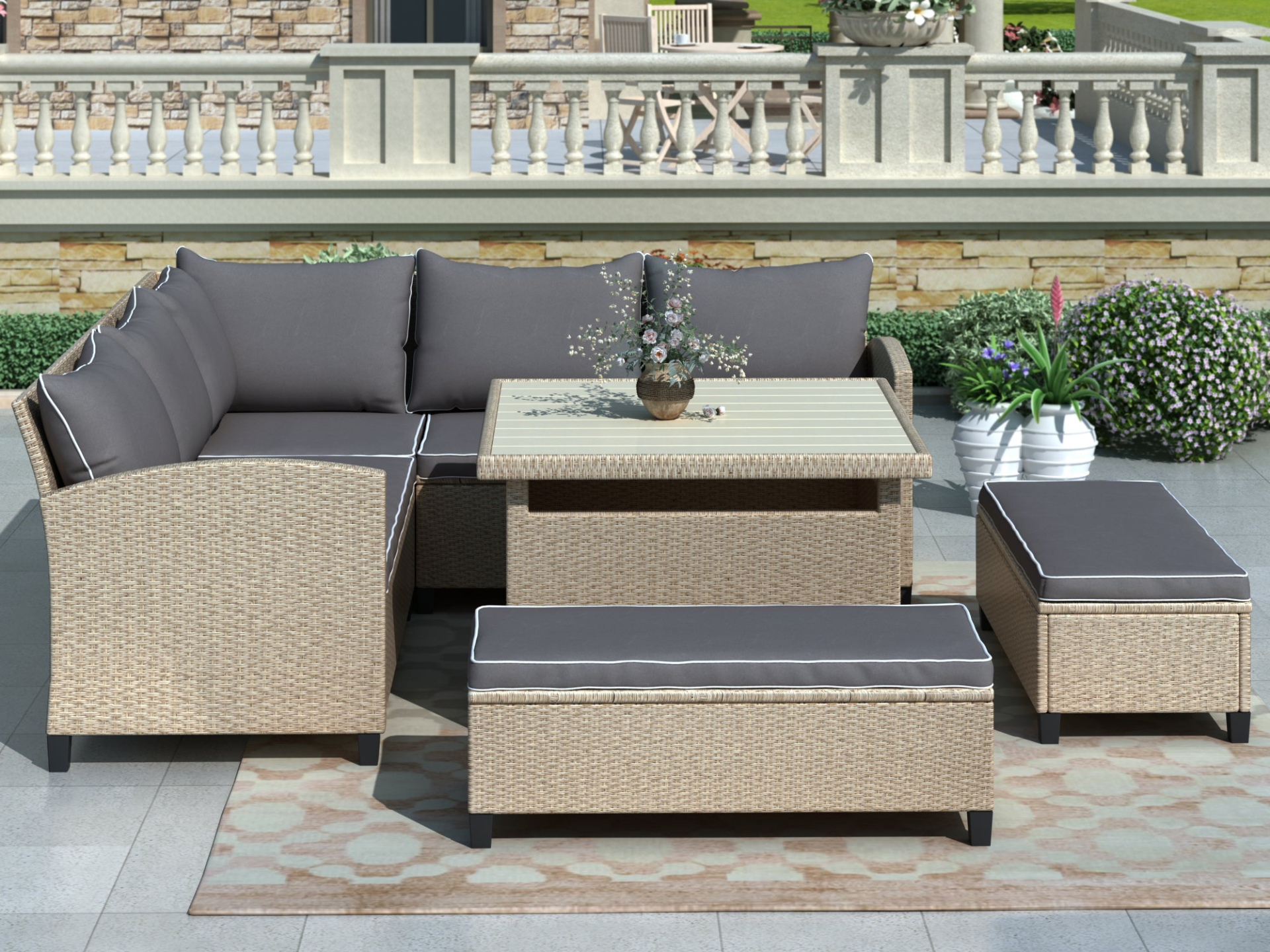 Patio Furntiure Sets | 6-Piece Patio Furniture Set Outdoor Wicker Rattan Sectional Sofa with Table and Benches for Backyard, Garden, Poolside | casafoyer.myshopify.com