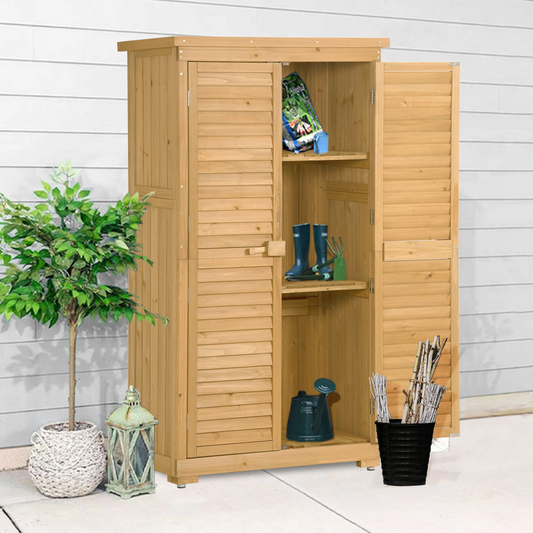 Patio Furntiure Sets | Wooden Garden Shed 3-tier Patio Storage Cabinet Outdoor Organizer Wooden Lockers with Fir Wood (Natural Wood Color -Shutter Design) | casafoyer.myshopify.com