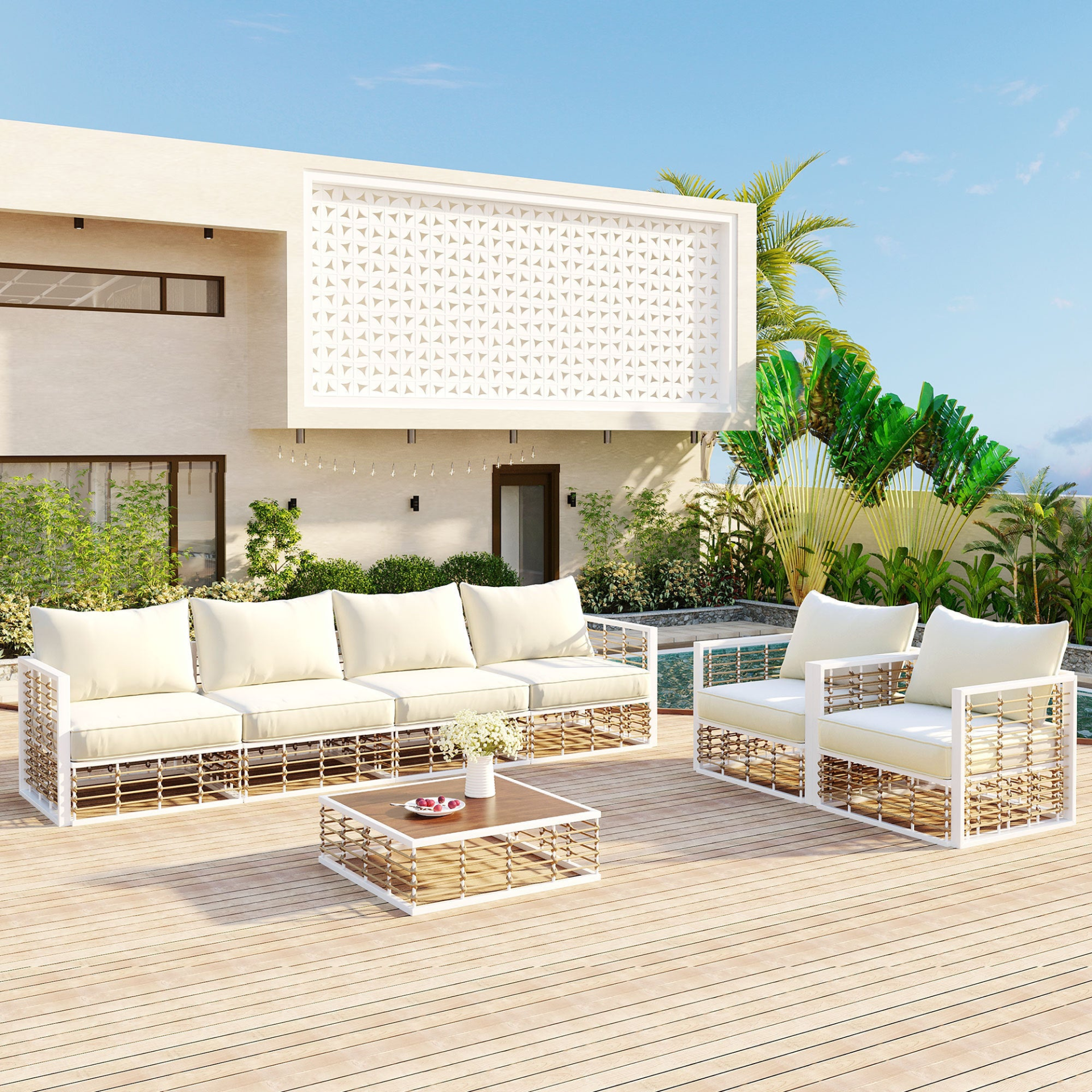 Patio Furntiure Sets | Modern Minimalist 7-Piece Metal Patio Sectional Sofa Set, All-Weather Garden Conversational Furniture Set with Thick Cushions and Coffee Table for Indoor Outdoor, White | casafoyer.myshopify.com