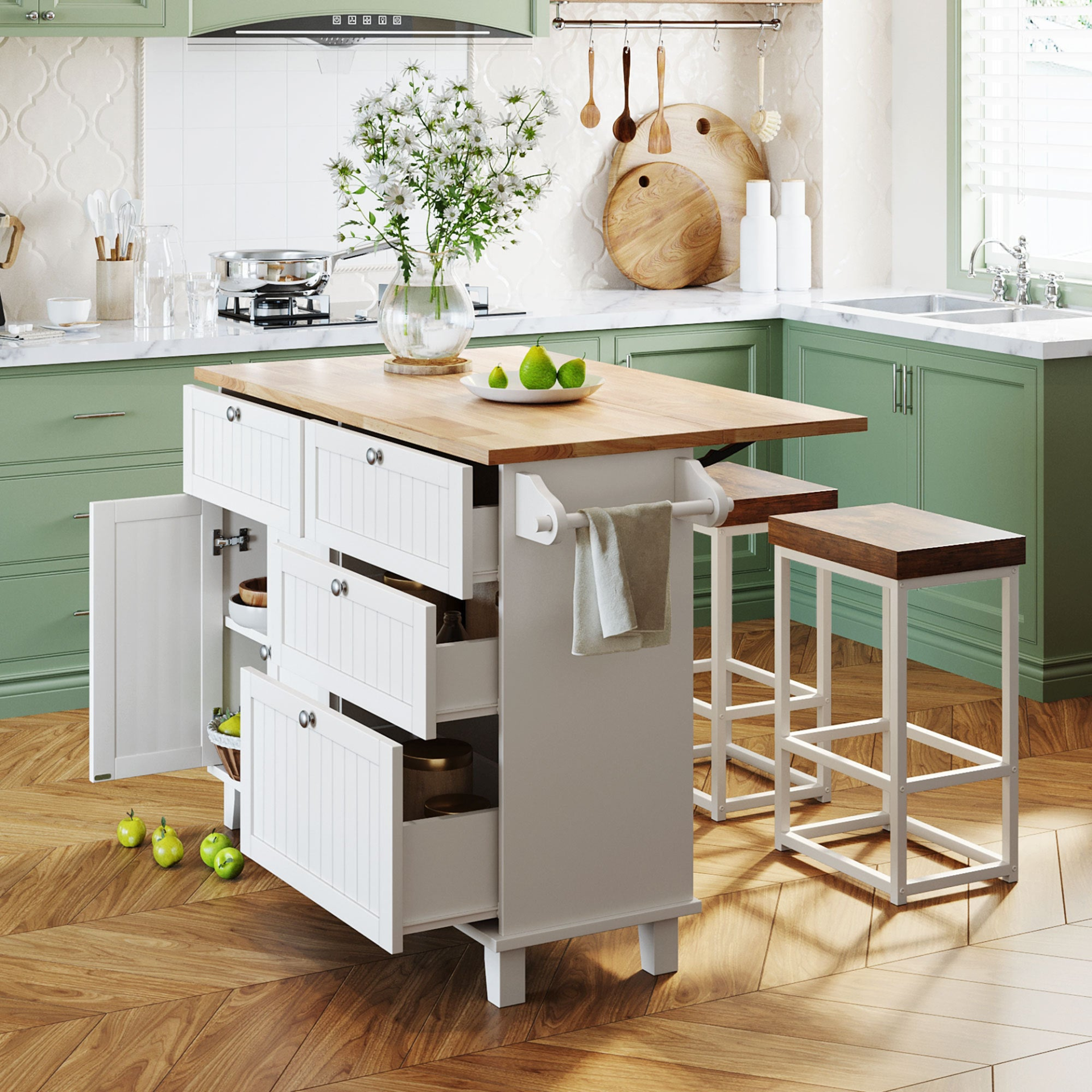 Dining Table | Farmhouse Kitchen Island Set with Drop Leaf and 2 Seatings,Dining Table Set with Storage Cabinet, Drawers and Towel Rack, White+Rustic Brown | casafoyer.myshopify.com