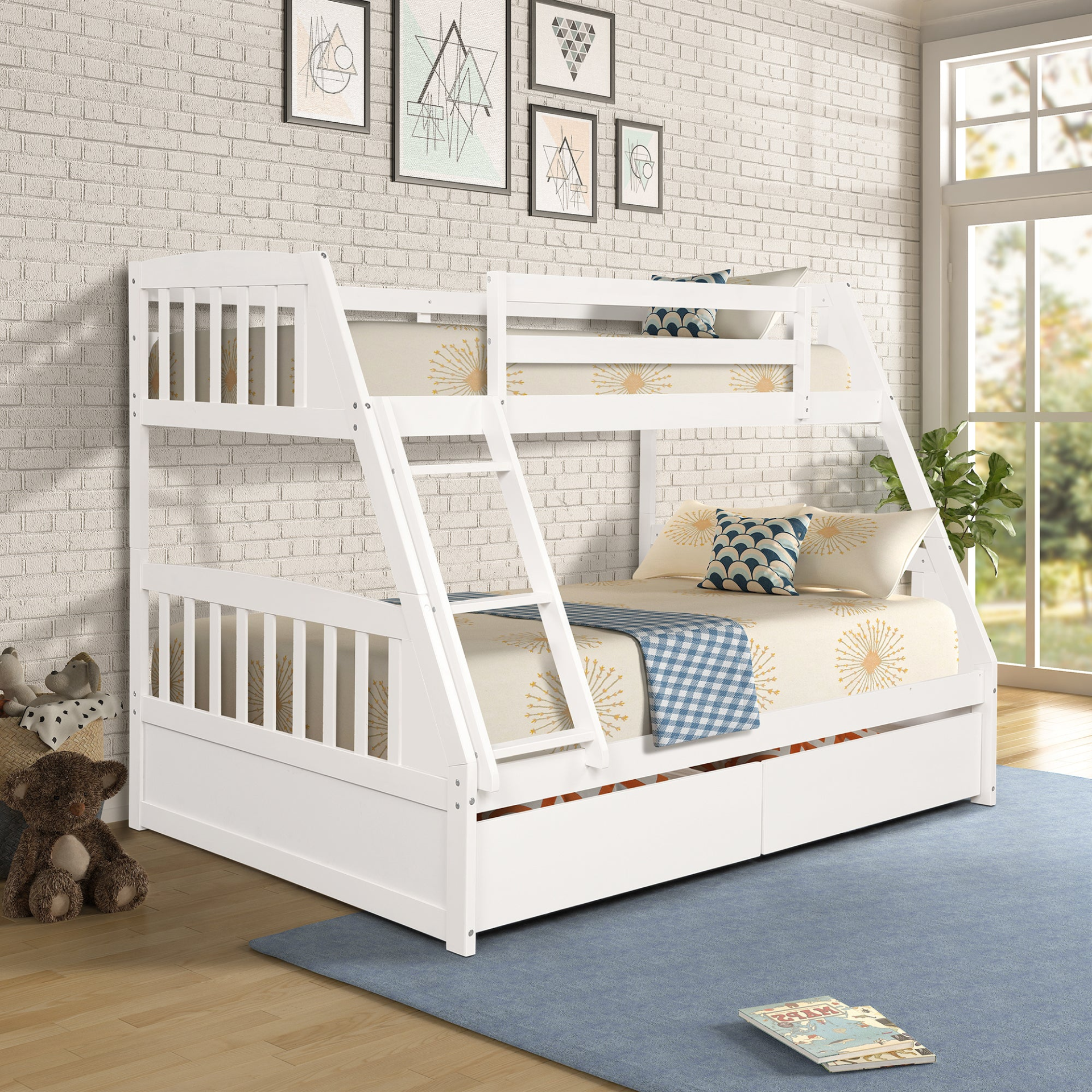 Sofa & Chair sets | Solid Wood Twin Over Full Bunk Bed with Two Storage Drawers, White | casafoyer.myshopify.com