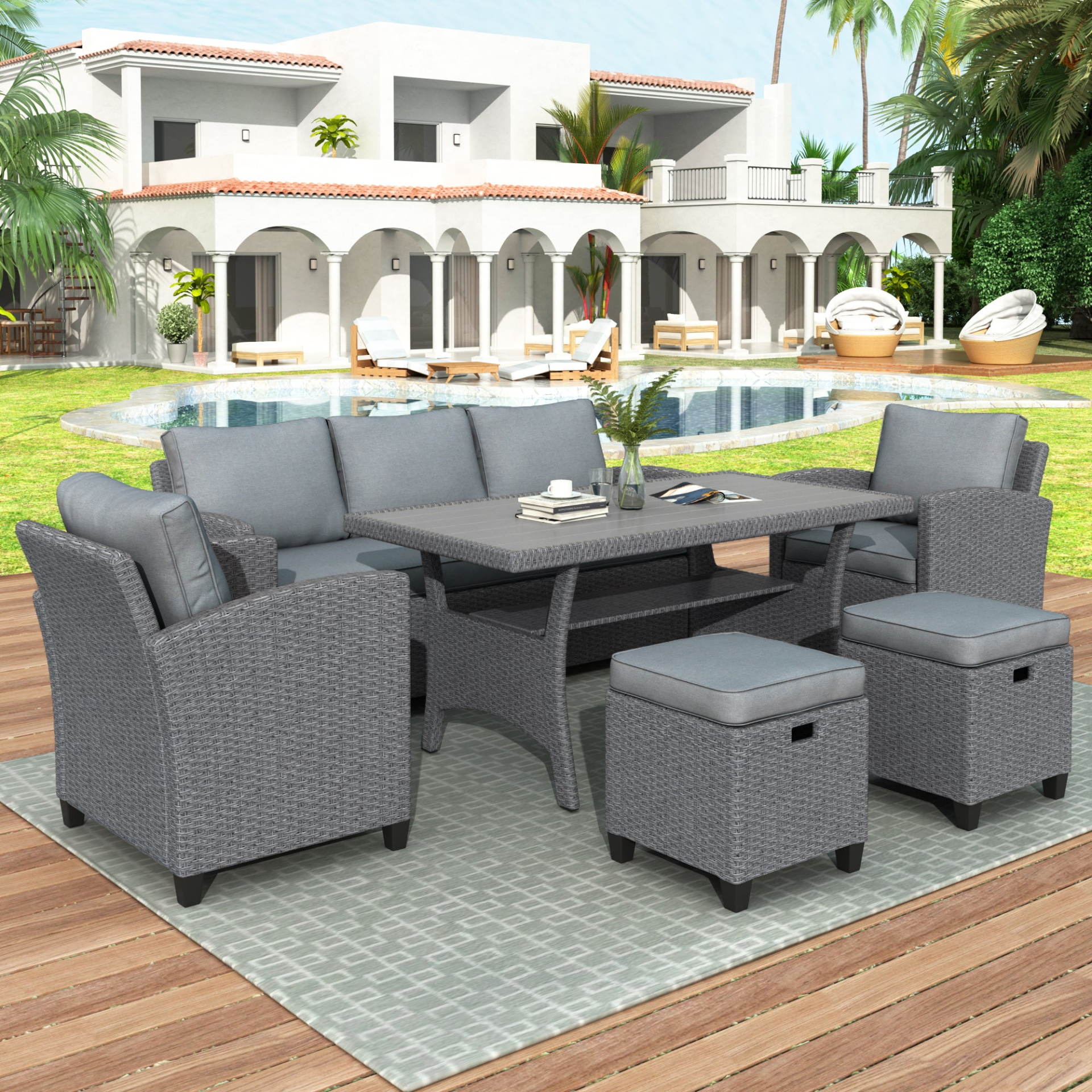 Patio Furntiure Sets | 6-Piece Outdoor Rattan Wicker Set Patio Garden Backyard Sofa, Chair, Stools and Table(Gray Rattan+Gray Cushion) | casafoyer.myshopify.com