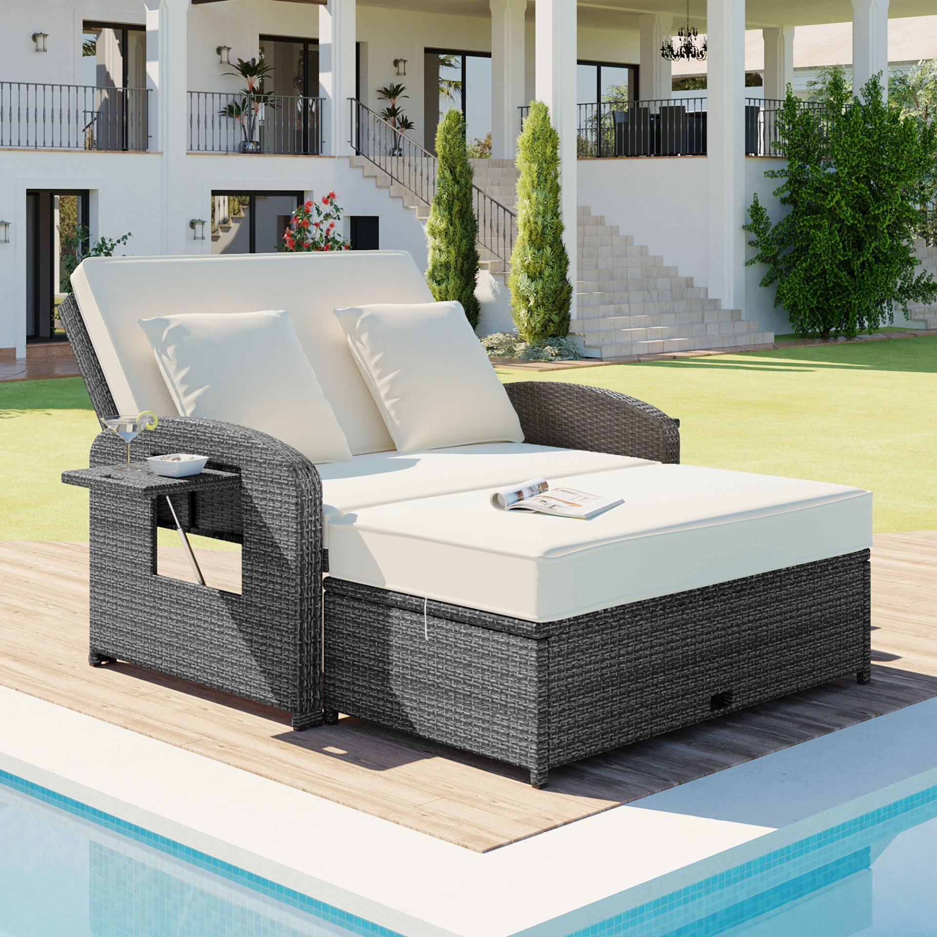 Patio Furntiure Sets | PE Wicker Rattan Double Chaise Lounge, 2-Person Reclining Daybed with Adjustable Back and Cushions, Free Furniture Protection Cover, White | casafoyer.myshopify.com