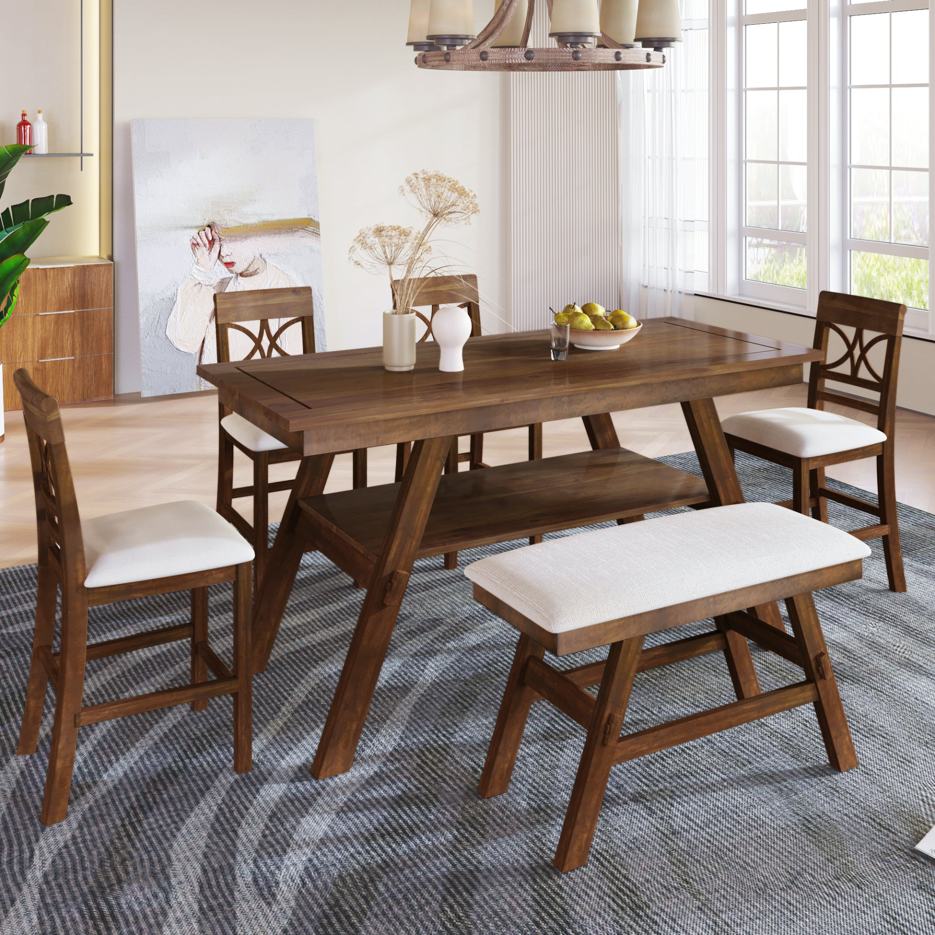 Dining Table | 6-Piece Wood Counter Height Dining Table Set with Storage Shelf, Kitchen Table Set with Bench and 4 Chairs,Rustic Style, Walnut+Beige Cushion | casafoyer.myshopify.com