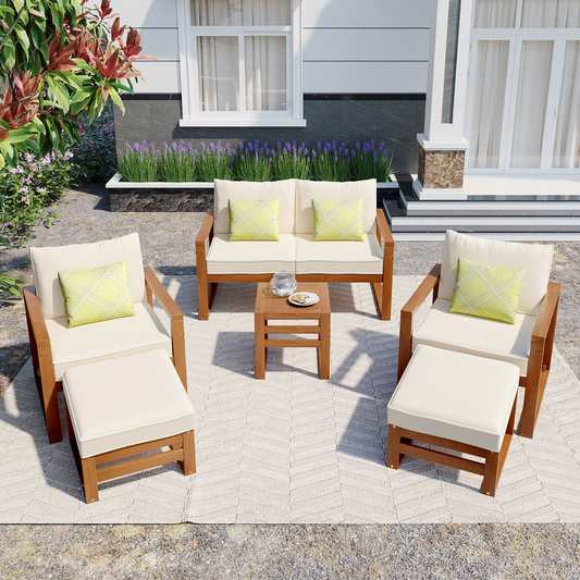 Patio Furntiure Sets | Outdoor Patio Wood 6-Piece Conversation Set, Sectional Garden Seating Groups Chat Set with Ottomans and Cushions for Backyard, Poolside, Balcony, Beige | casafoyer.myshopify.com