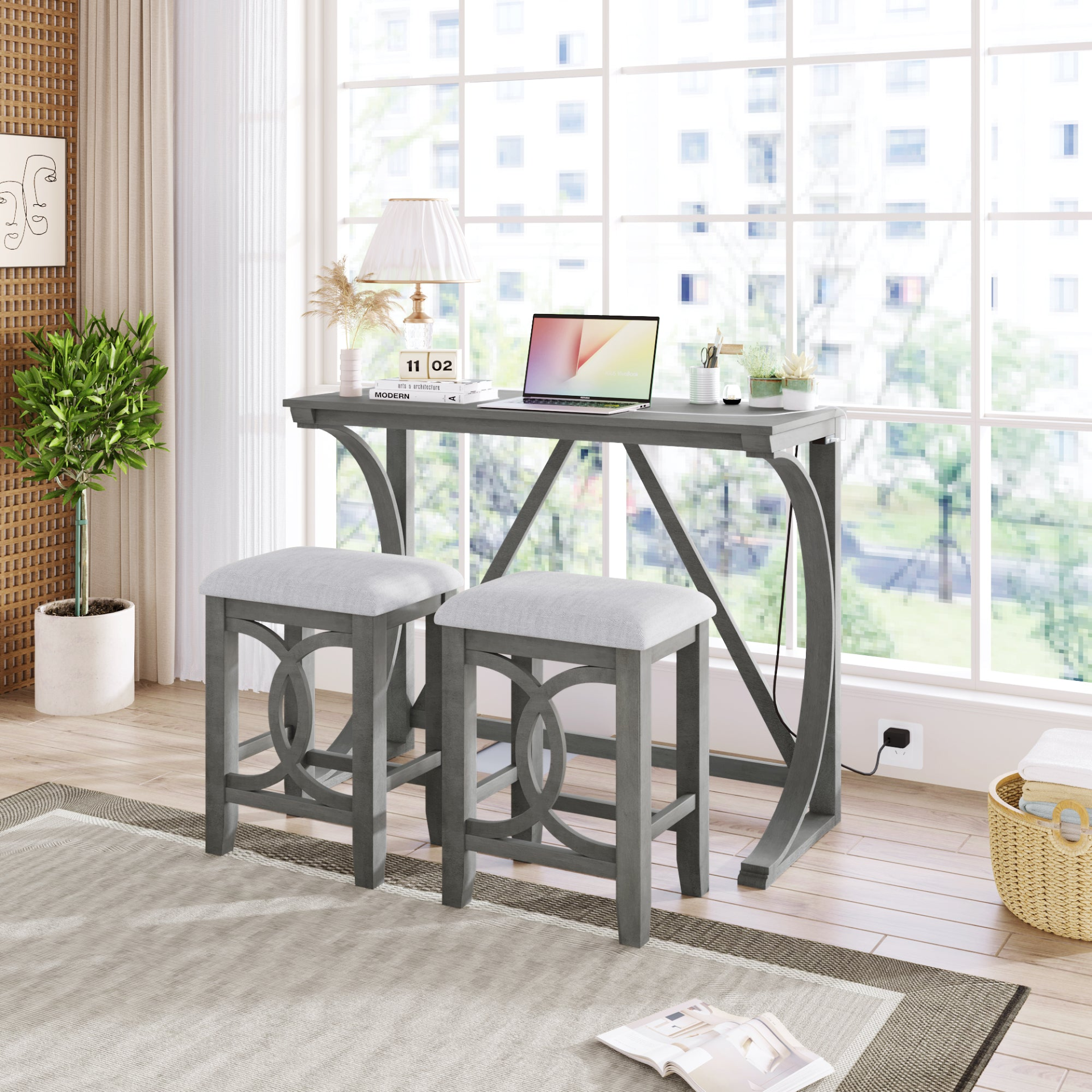 Dining Table | Farmhouse 3-Piece Counter Height Dining Table Set with USB Port and Upholstered Stools,Gray | casafoyer.myshopify.com