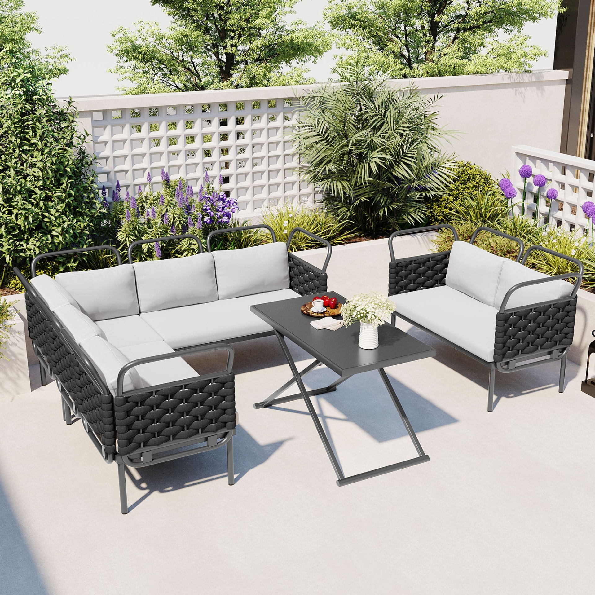 Patio Furntiure Sets | 5-Piece Modern Patio Sectional Sofa Set Outdoor Woven Rope Furniture Set with Glass Table and Cushions, Black+Gray | casafoyer.myshopify.com