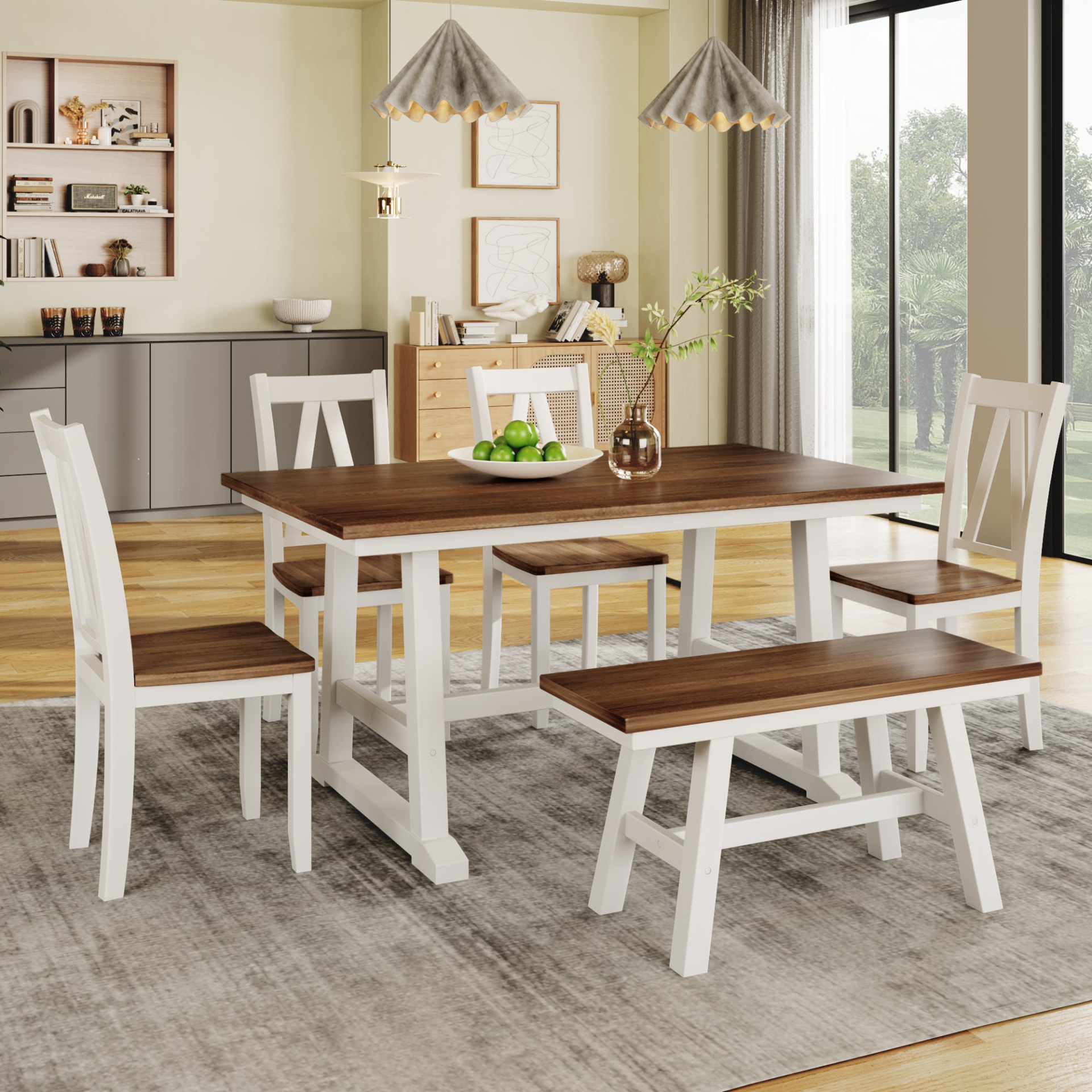 Dining Table | 6-Piece Wood Dining Table Set Kitchen Table Set with Long Bench and 4 Dining Chairs, Farmhouse Style, Walnut+White | casafoyer.myshopify.com