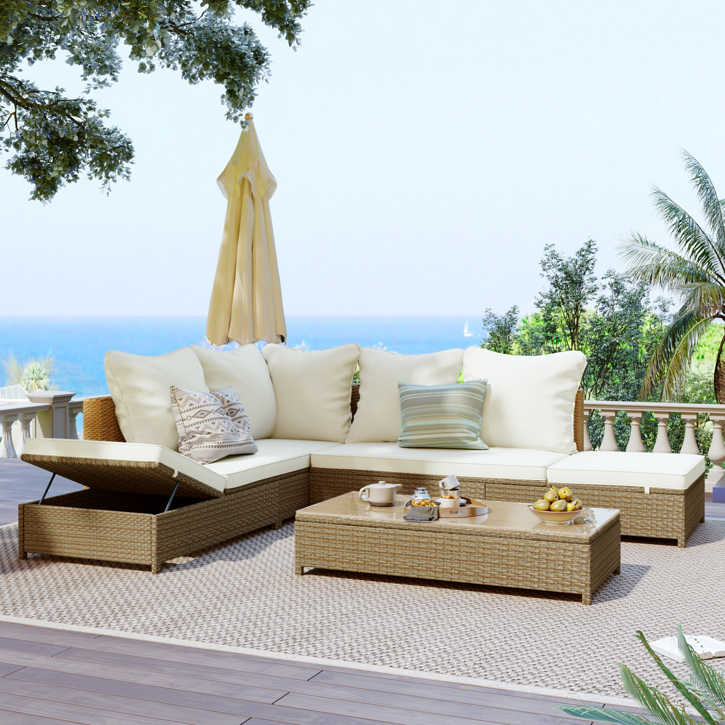 Sofa & Chair sets | Patio 3-Piece Rattan Sofa Set All Weather PE Wicker Sectional Set with Adjustable Chaise Lounge Frame and Tempered Glass Table, Natural Brown+ Beige Cushion | casafoyer.myshopify.com