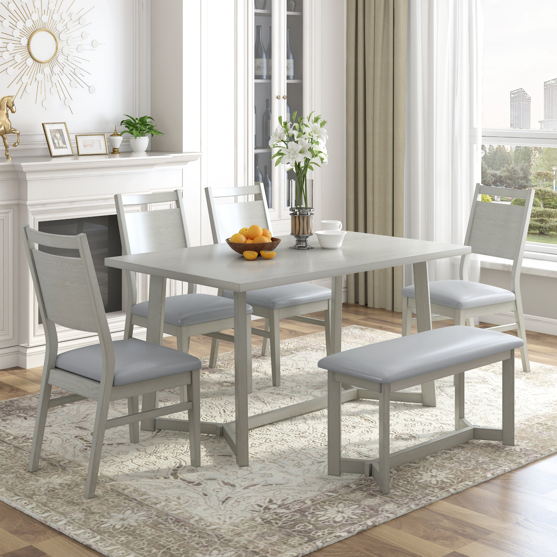 Dining Table | Farmhouse 6-Piece Wood Dining Table Set with 4 Upholstered Chairs and Bench, Gray | casafoyer.myshopify.com