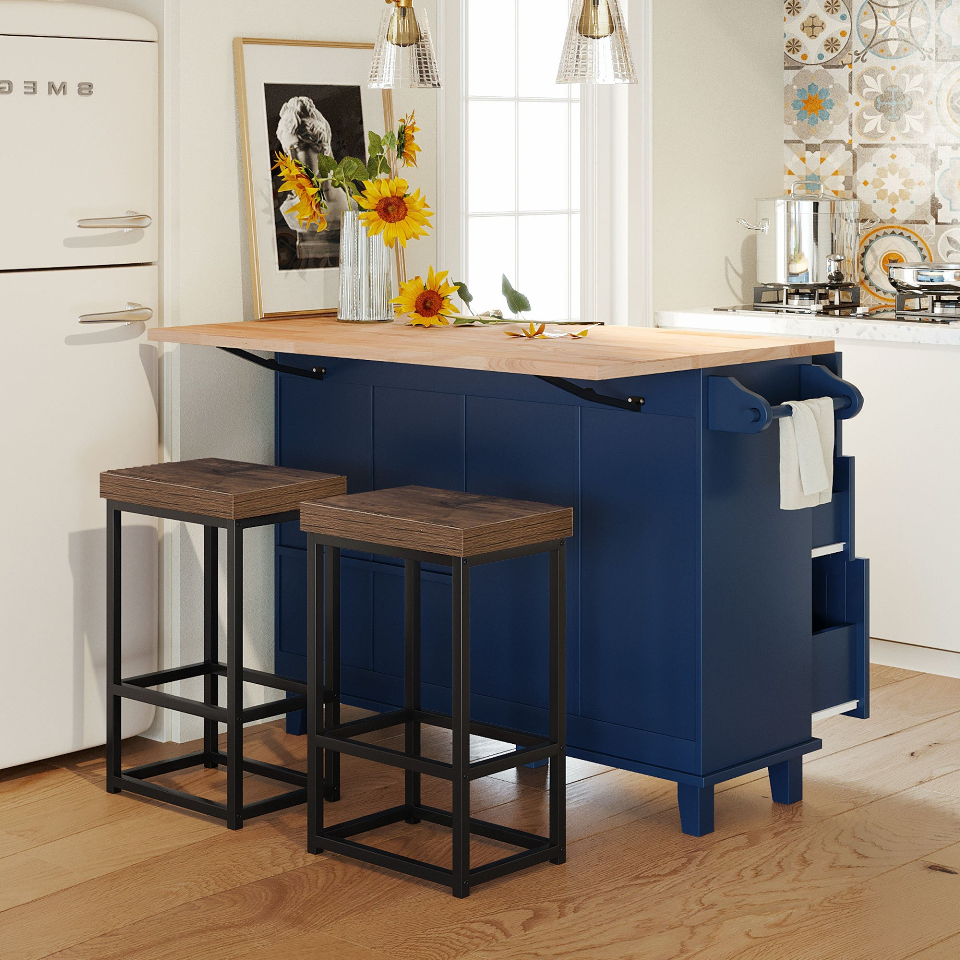 Dining Table | Farmhouse Kitchen Island Set with Drop Leaf and 2 Seatings, Dining Table Set with Storage Cabinet, Drawers and Towel Rack, Blue+Black+Brown | casafoyer.myshopify.com