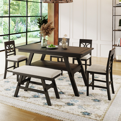 Dining Table | 6-Piece Wood Counter Height Dining Table Set with Storage Shelf, Kitchen Table Set with Bench and 4 Chairs,Rustic Style,Espresso+Beige Cushion | casafoyer.myshopify.com