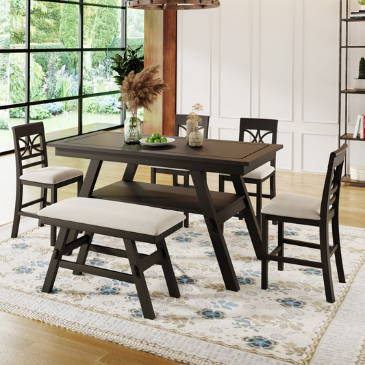 Dining Table | 6-Piece Wood Counter Height Dining Table Set with Storage Shelf, Kitchen Table Set with Bench and 4 Chairs,Rustic Style,Espresso+Beige Cushion | casafoyer.myshopify.com