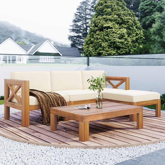 Patio Furntiure Sets | Outdoor Backyard Patio Wood 5-Piece Sectional Sofa Seating Group Set with Cushions, Natural Finish+ Beige Cushions | casafoyer.myshopify.com