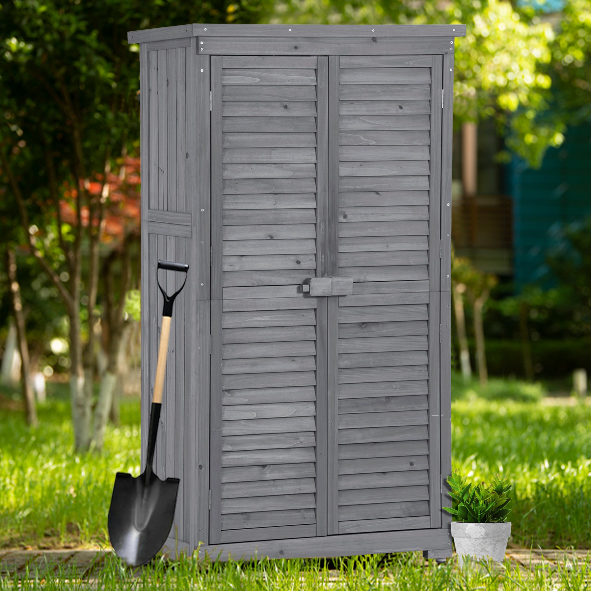 Patio Furntiure Sets | Wooden Garden Shed 3-tier Patio Storage Cabinet Outdoor Organizer Wooden Lockers with Fir Wood (Gray Wood Color -Shutter Design) | casafoyer.myshopify.com