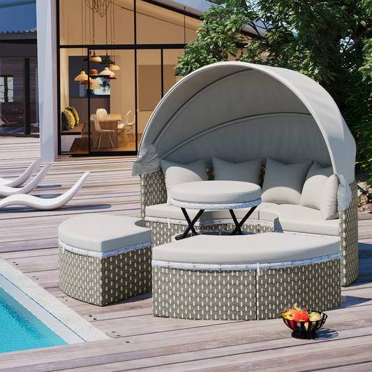 Patio Furniture Round Outdoor Sectional Sofa Set Rattan Daybed Two-Tone Weave Sunbed with Retractable Canopy, Separate Seating and Removable Cushion, Gray
