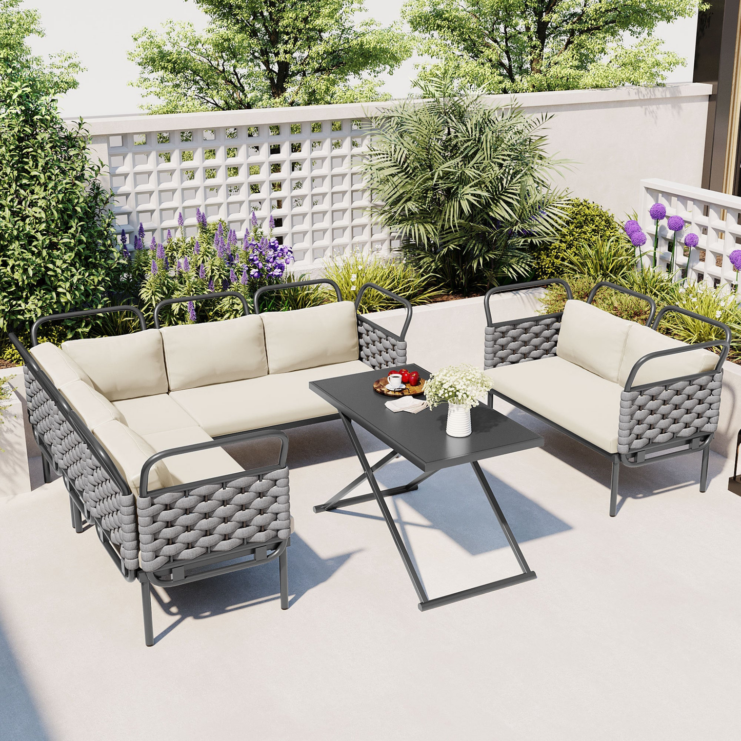 Patio Furntiure Sets | 5-Piece Modern Patio Sectional Sofa Set Outdoor Woven Rope Furniture Set with Glass Table and Cushions, Gray+Beige | casafoyer.myshopify.com