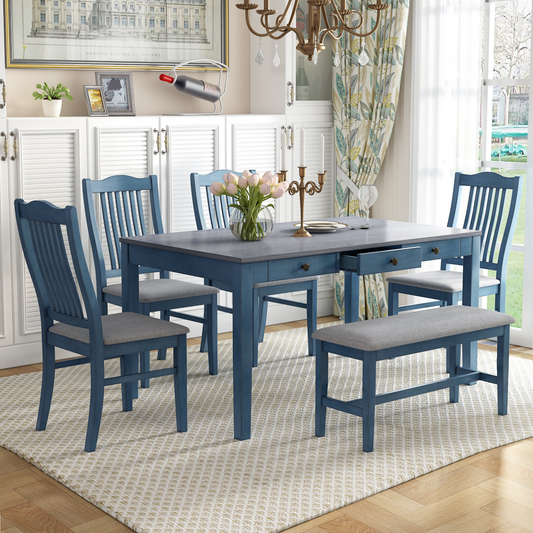 Dining Table | Mid-Century 6-Piece Wood Dining Table Set, Kitchen Table Set with Drawer, Upholstered Chairs and Bench, Antique Blue | casafoyer.myshopify.com