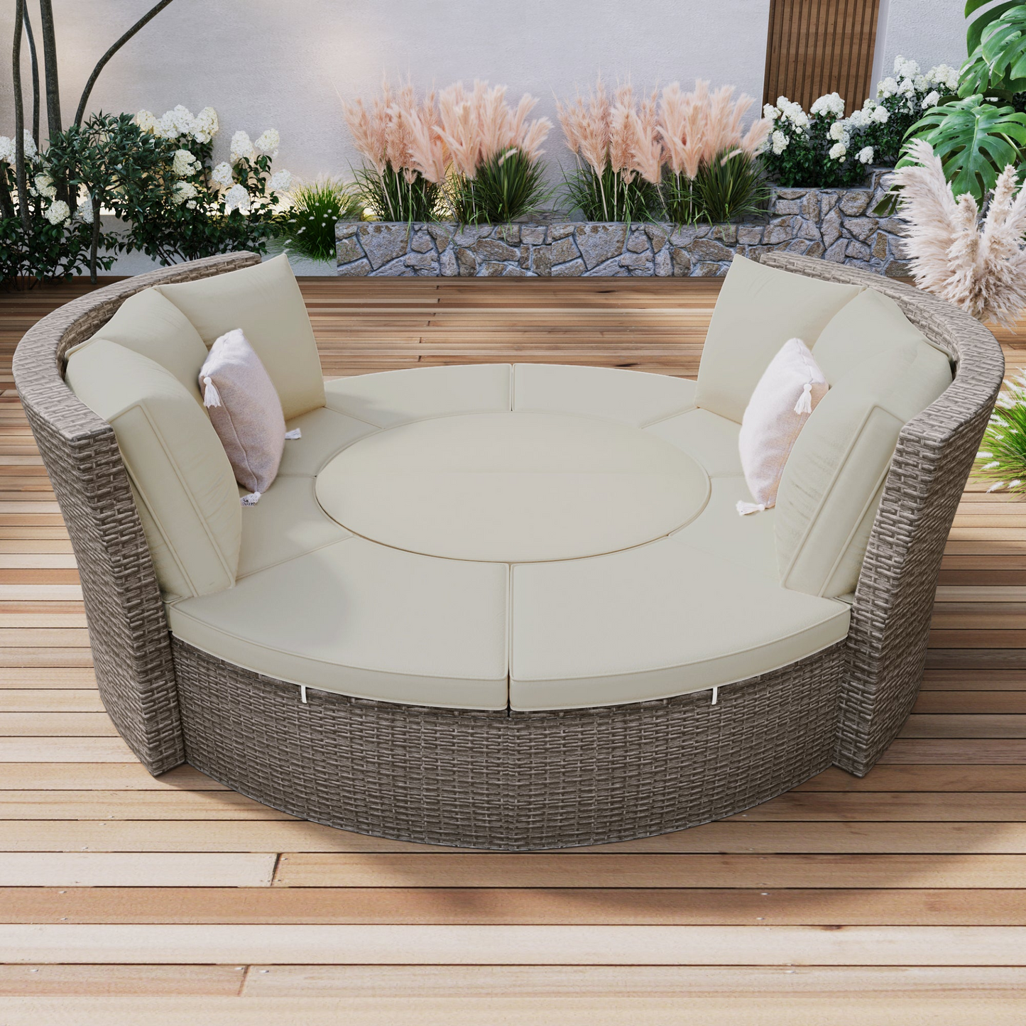 Patio Furntiure Sets | Patio 5-Piece Round Rattan Sectional Sofa Set All-Weather PE Wicker Sunbed Daybed with Round Liftable Table and Washable Cushions for Outdoor Backyard Poolside, Gray | casafoyer.myshopify.com