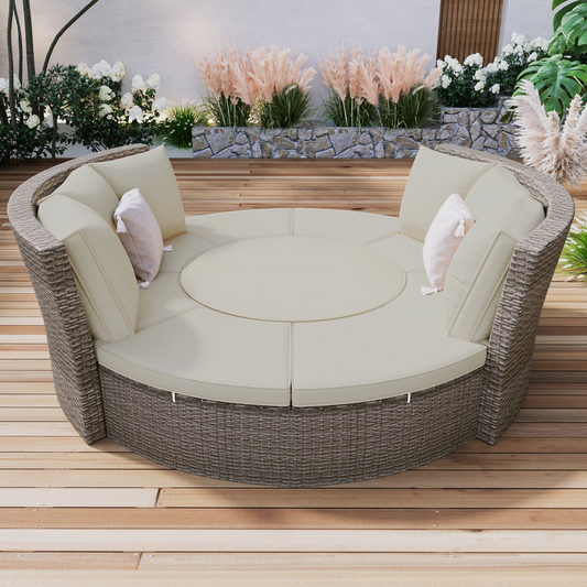 Patio 5-Piece Round Rattan Sectional Sofa Set All-Weather PE Wicker Sunbed Daybed with Round Liftable Table and Washable Cushions for Outdoor Backyard Poolside, Gray