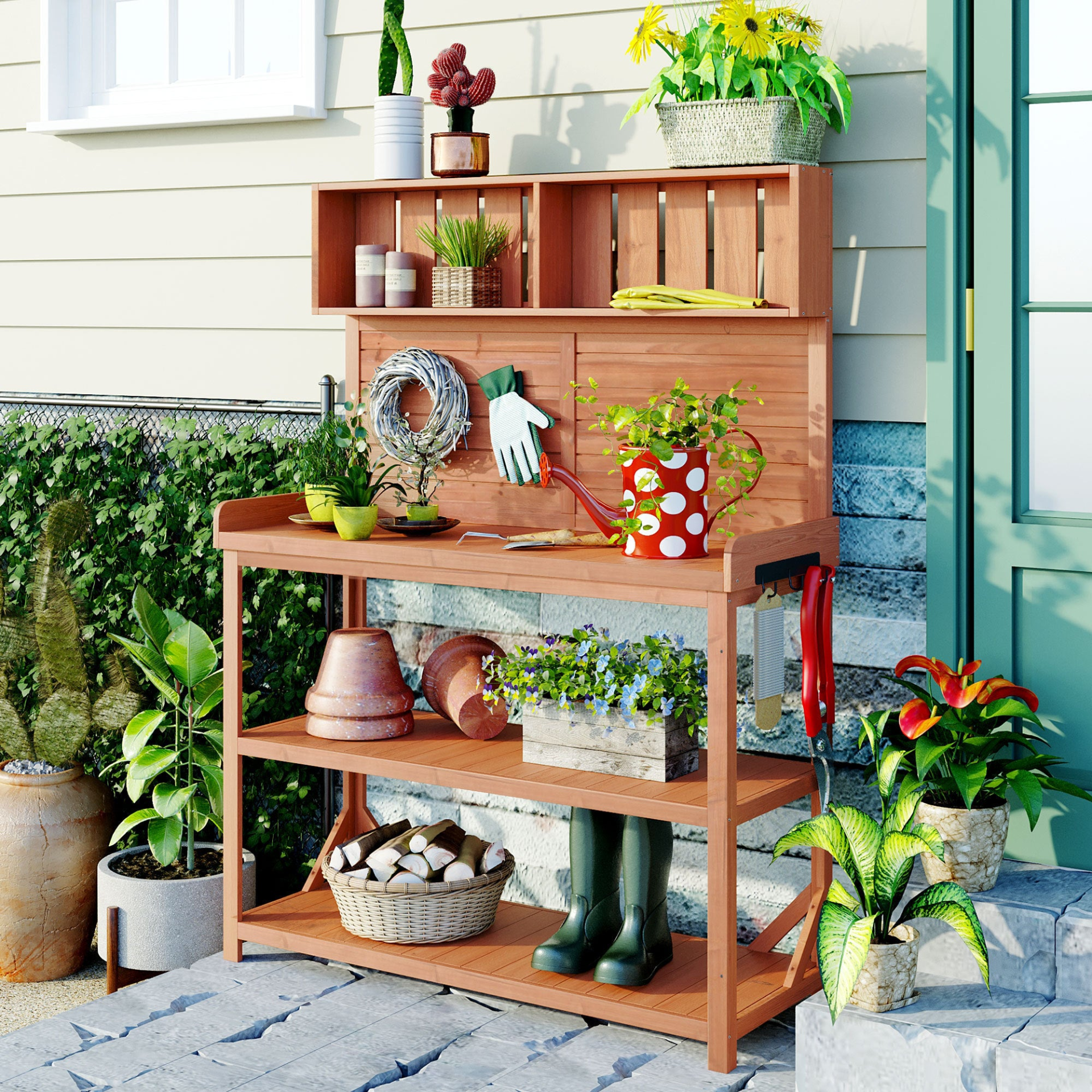 [product_type] | 65" Large Wooden Farmhouse Rustic Outdoor Potting Bench Table, Patio Workstation, Garden Potting Bench with 4 Storage Shelves and Side Hook, Natural | casafoyer.myshopify.com