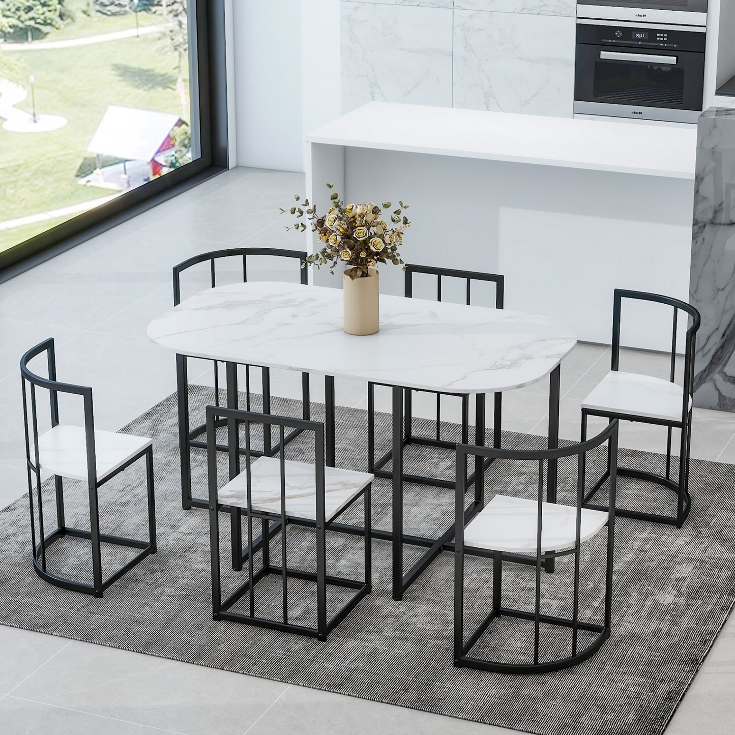 Dining Table | Modern 7-Piece Dining Table Set with Faux Marble Compact 55-Inch Kitchen Table Set for 6, Black+White | casafoyer.myshopify.com