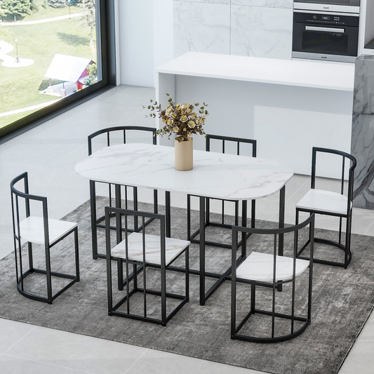 Dining Table | Modern 7-Piece Dining Table Set with Faux Marble Compact 55-Inch Kitchen Table Set for 6, Black+White | casafoyer.myshopify.com