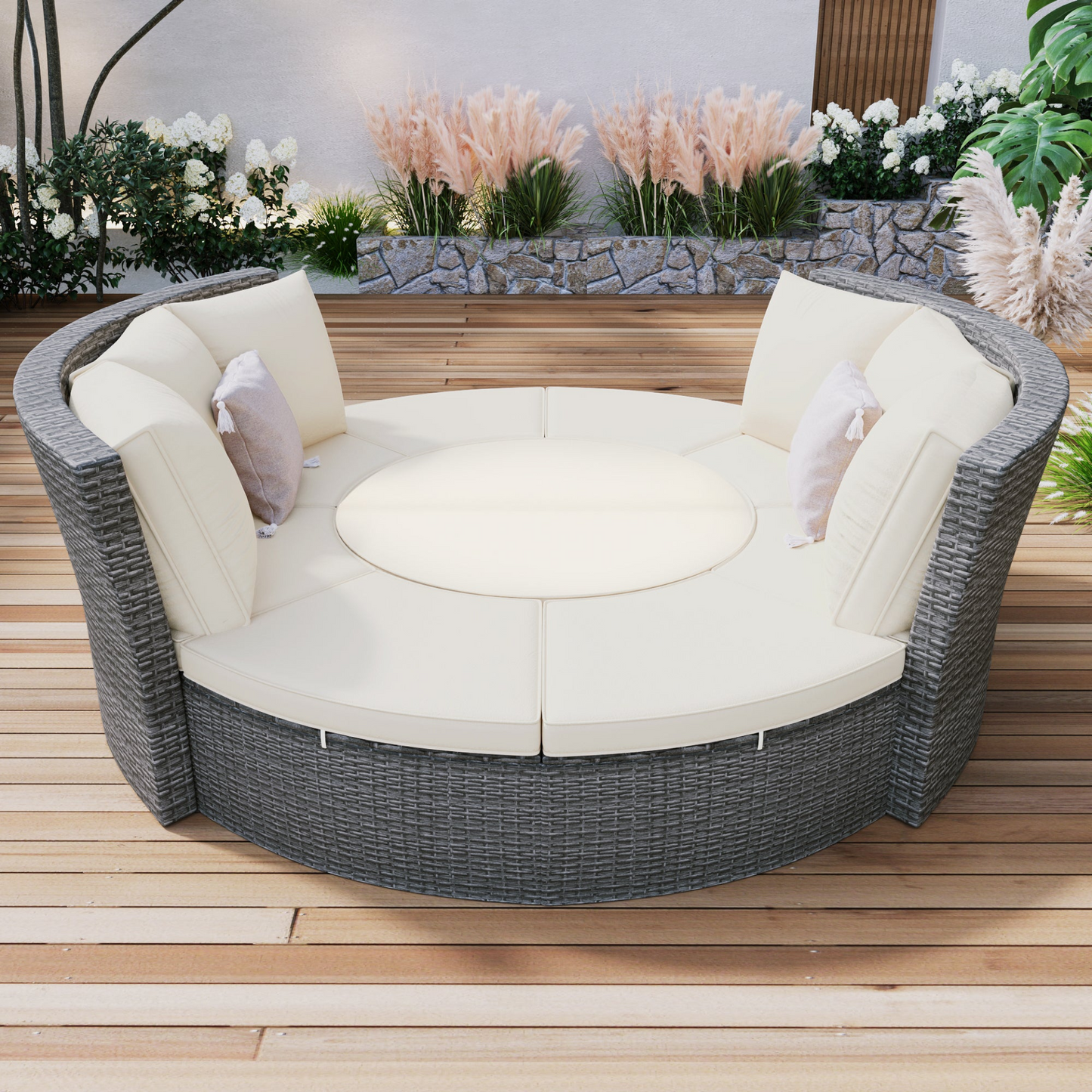 Patio Furntiure Sets | Patio 5-Piece Round Rattan Sectional Sofa Set All-Weather PE Wicker Sunbed Daybed with Round Liftable Table and Washable Cushions, Beige | casafoyer.myshopify.com