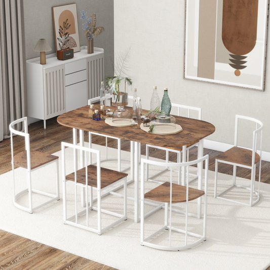 Dining Table | Modern 7-Piece Dining Table Set with Faux Marble Compact 55-Inch Kitchen Table Set for 6, White+Cherry | casafoyer.myshopify.com