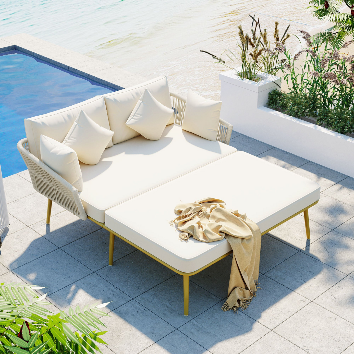 Patio Furntiure Sets | Outdoor Patio Daybed, Woven Nylon Rope Backrest with Washable Cushions | casafoyer.myshopify.com