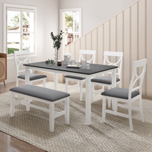 Dining Table | 6-Piece Wood Dining Table Set with Upholstered Bench and 4 Dining Chairs, Farmhouse Style, Gray+White - High-Quality, Rustic Design | casafoyer.myshopify.com