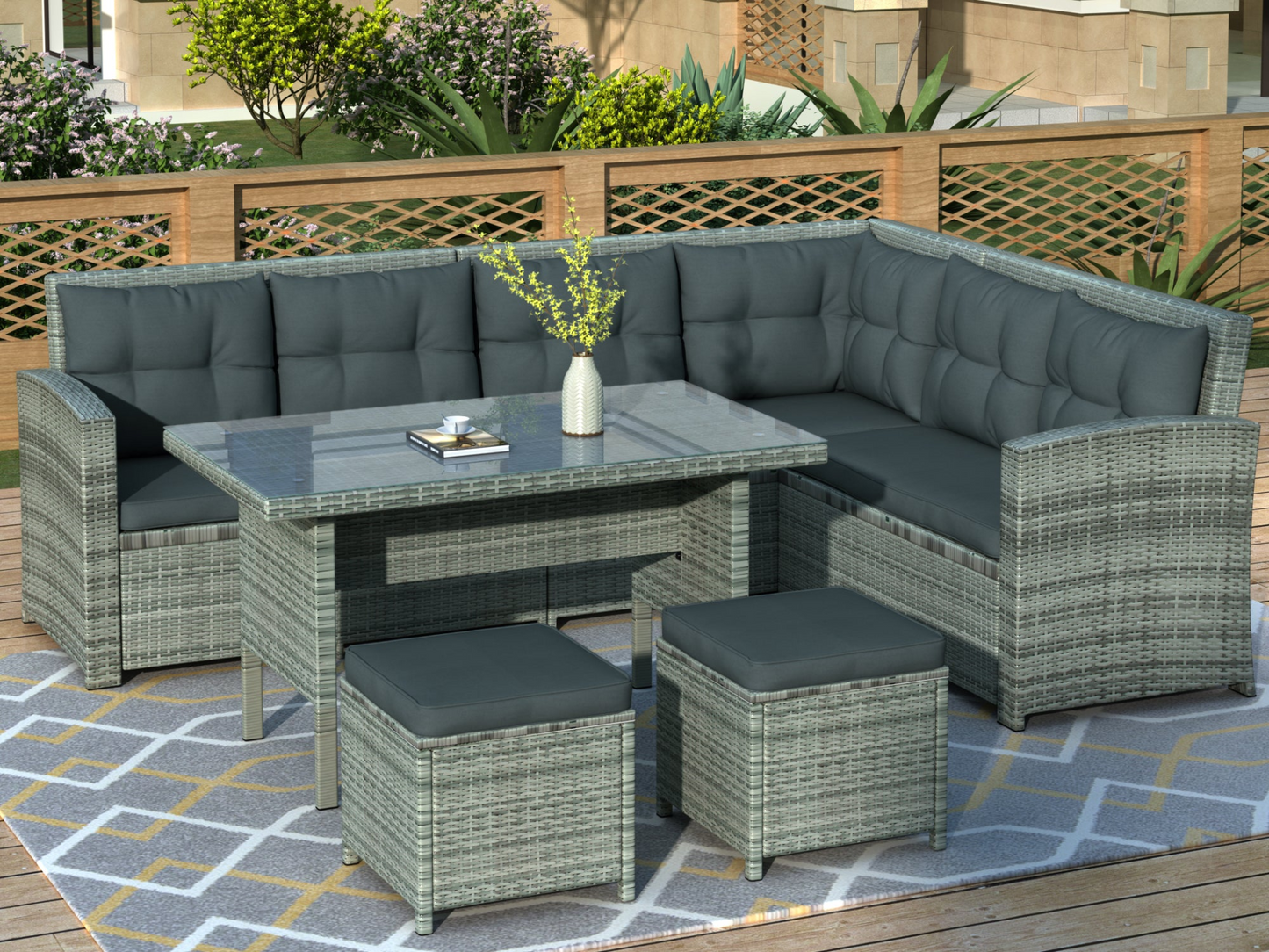 Patio Furntiure Sets | 6-Piece Patio Furniture Set Outdoor Sectional Sofa with Glass Table, Ottomans for Pool, Backyard, Lawn (Gray) | casafoyer.myshopify.com