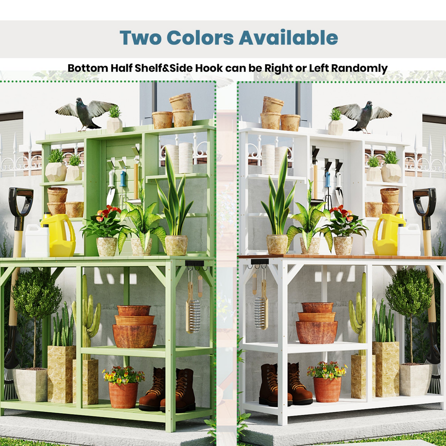 Table Decor | Large Outdoor Potting Bench, Garden Potting Table, Wood Workstation with 6-Tier Shelves, Large Tabletop and Side Hook for Mudroom, Backyard,Green | casafoyer.myshopify.com