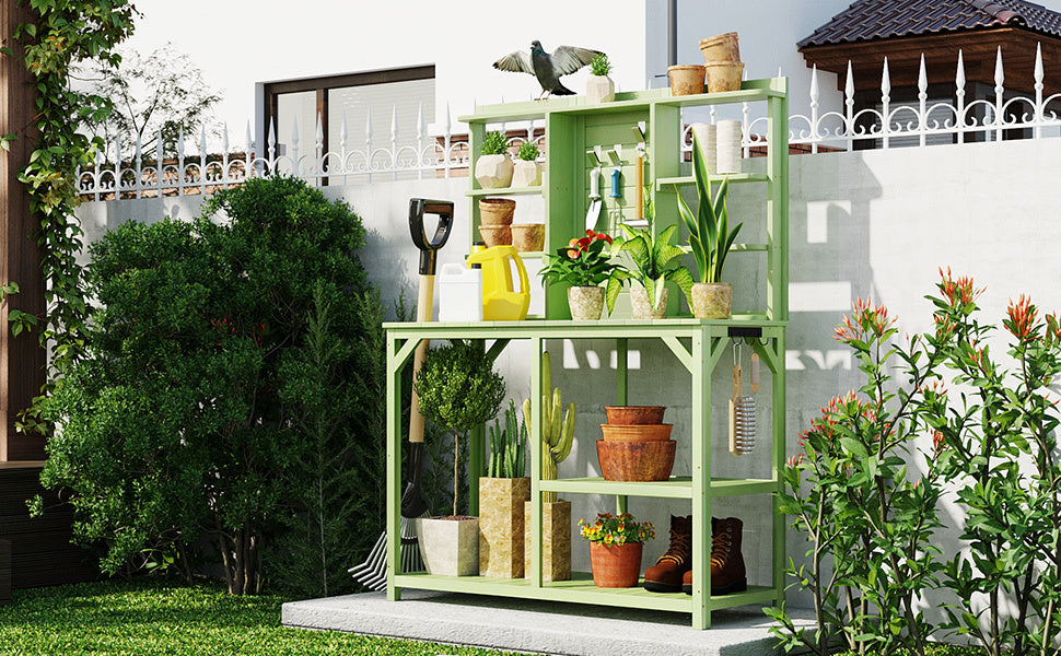 Table Decor | Large Outdoor Potting Bench, Garden Potting Table, Wood Workstation with 6-Tier Shelves, Large Tabletop and Side Hook for Mudroom, Backyard,Green | casafoyer.myshopify.com