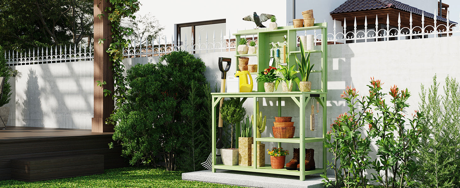 Table Decor | Large Outdoor Potting Bench, Garden Potting Table, Wood Workstation with 6-Tier Shelves, Large Tabletop and Side Hook for Mudroom, Backyard,Green | casafoyer.myshopify.com