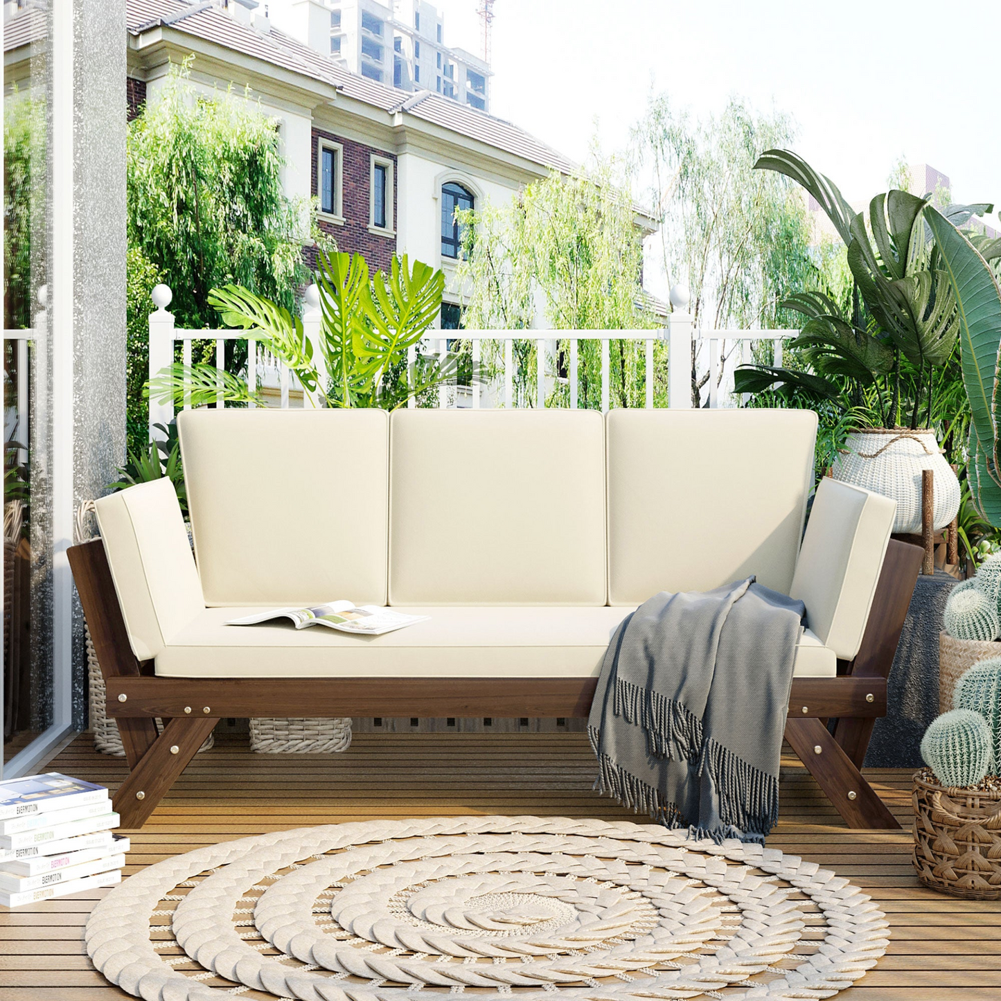 Patio Furntiure Sets | Outdoor Adjustable Patio Wooden Daybed Sofa Chaise Lounge with Cushions for Small Places, Brown Finish+Beige Cushion | casafoyer.myshopify.com