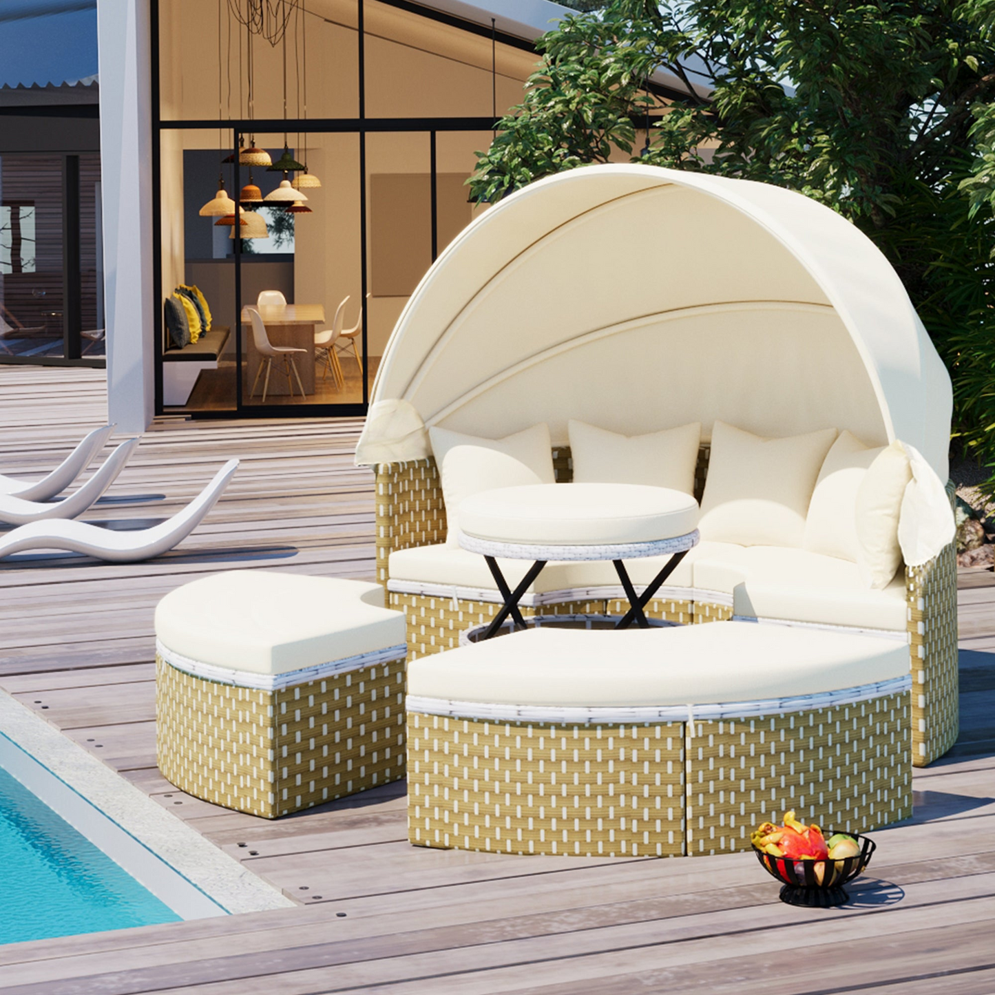 Patio Furntiure Sets | Patio Furniture Round Outdoor Sectional Sofa Set Rattan Daybed with Canopy, Beige | casafoyer.myshopify.com