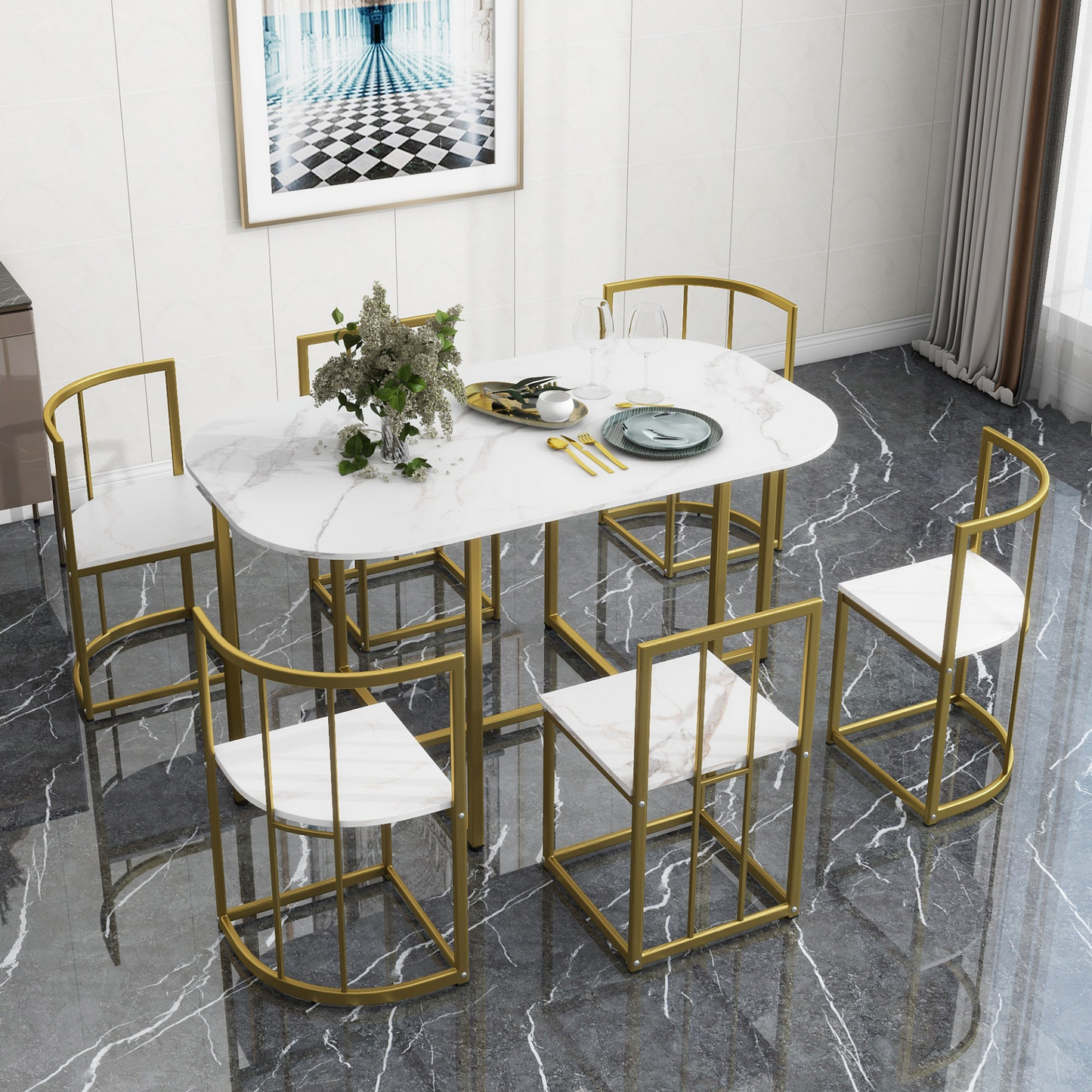 Dining Table | Modern 7-Piece Dining Table Set with Faux Marble Compact 55-Inch Kitchen Table Set for 6, Golden+White | casafoyer.myshopify.com