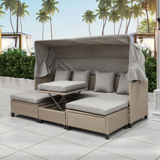 Sofa & Chair sets | 4 Piece UV-Proof Resin Wicker Patio Sofa Set with Retractable Canopy, Cushions and Lifting Table, Brown | casafoyer.myshopify.com