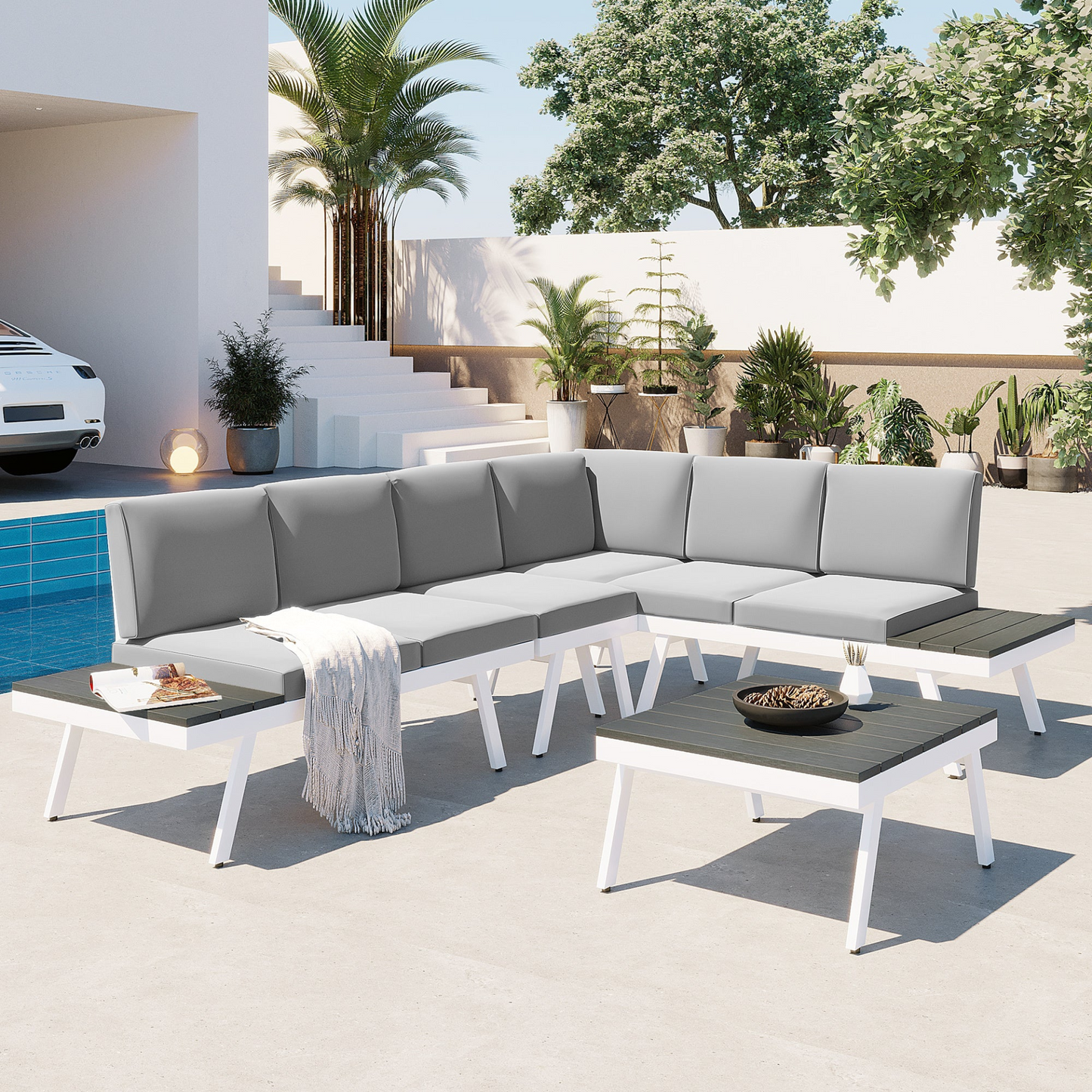 Patio Furntiure Sets | Industrial 5-Piece Aluminum Outdoor Patio Furniture Set, Modern Garden Sectional Sofa Set with End Tables, Coffee Table and Furniture Clips for Backyard, White+Grey | casafoyer.myshopify.com