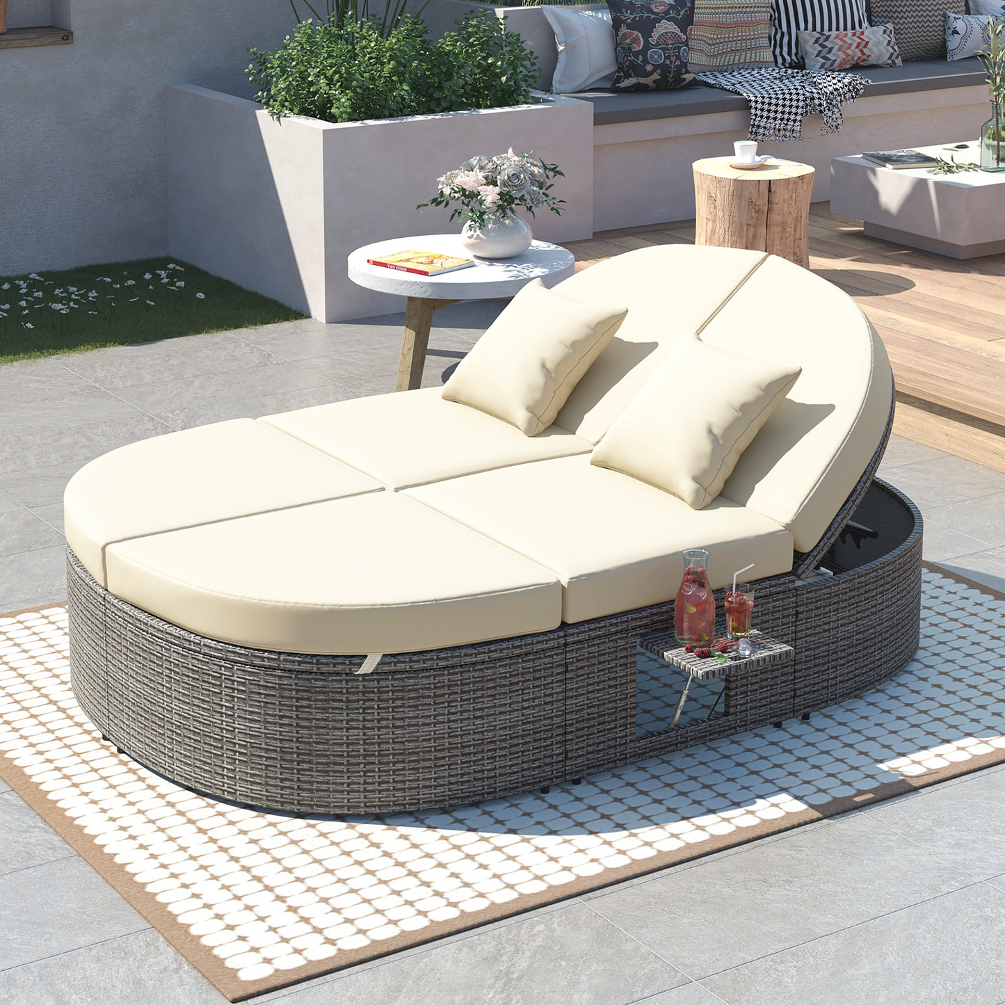 Patio Furntiure Sets | Outdoor Sun Bed Patio 2-Person Daybed with Cushions and Pillows, Rattan Garden Reclining Chaise Lounge with Adjustable Backrests and Foldable Cup Trays for Lawn, Poolside, Beige | casafoyer.myshopify.com